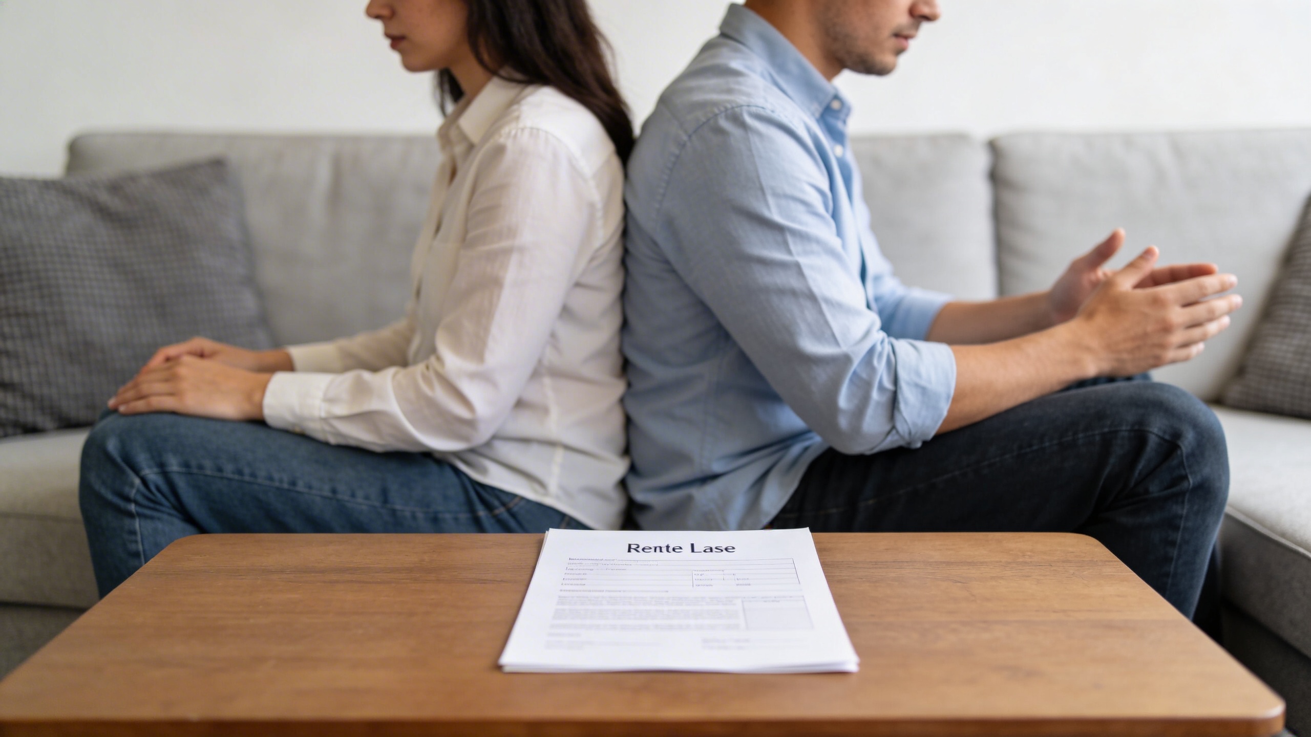 Couple assis dos a dos sur canape discutant devant bail de location