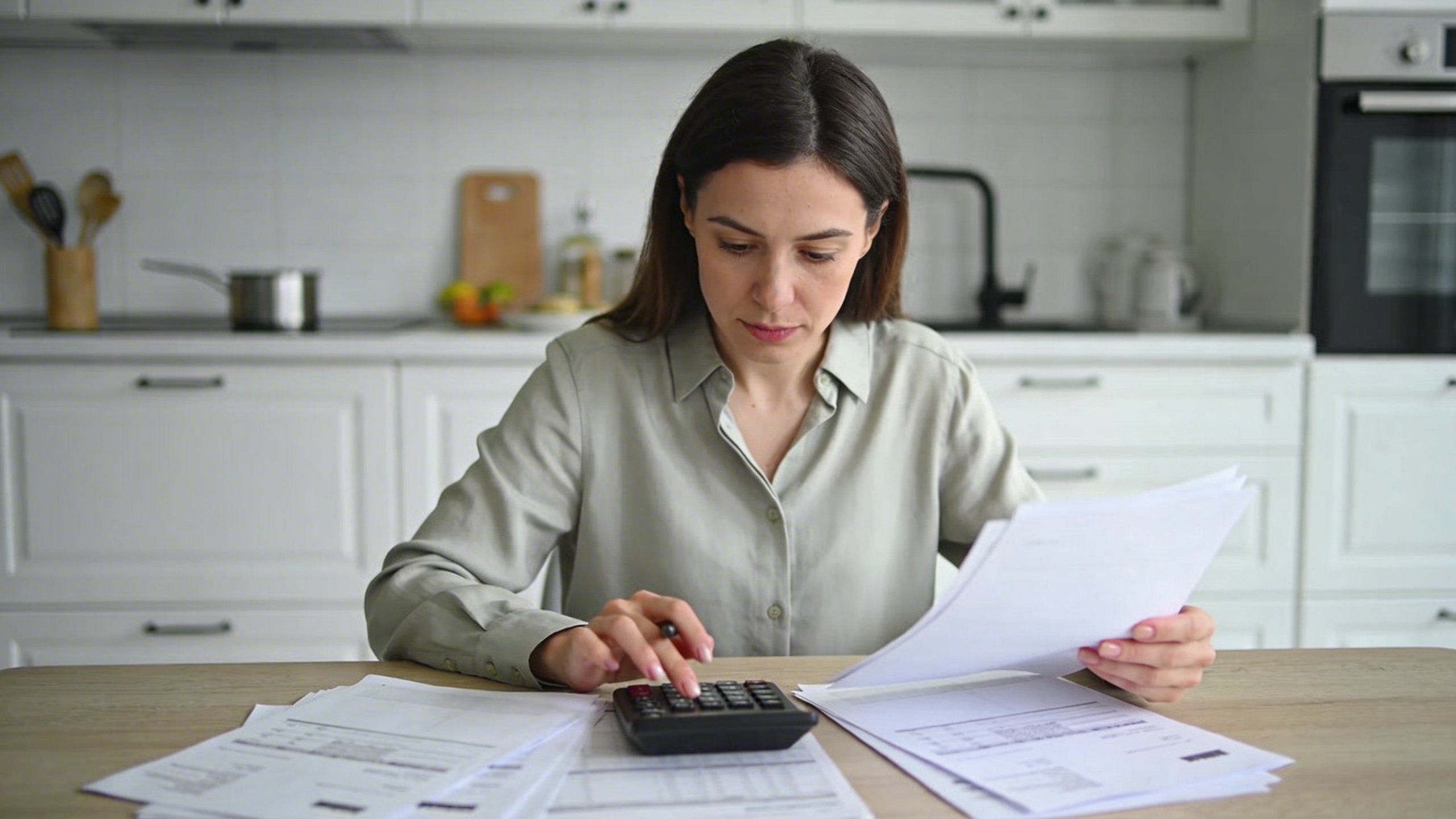 femme assise à table cuisine réglant facture charges immeuble avec calculatrice