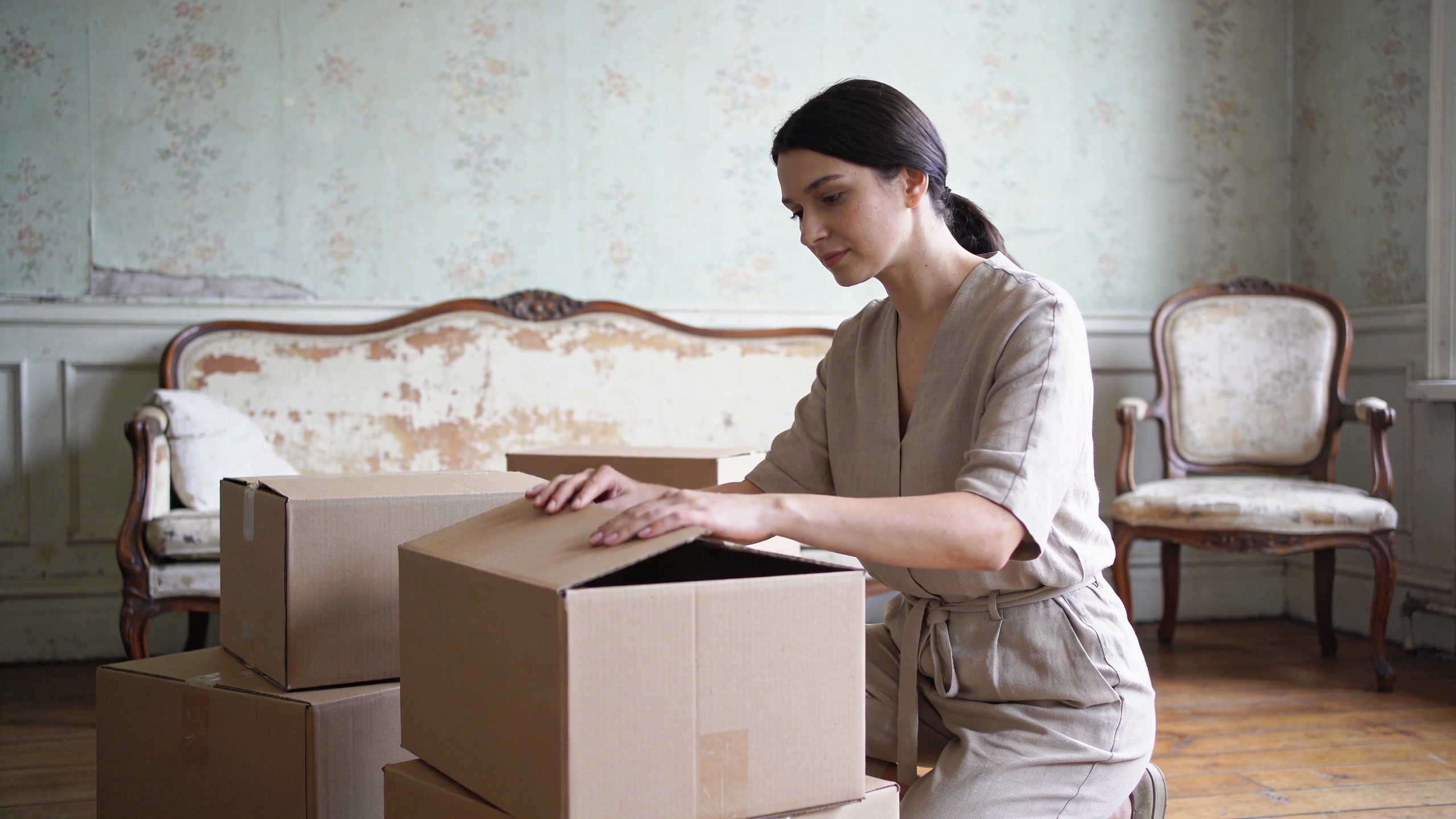 Femme rangeant des cartons dans le salon dune maison ancienne