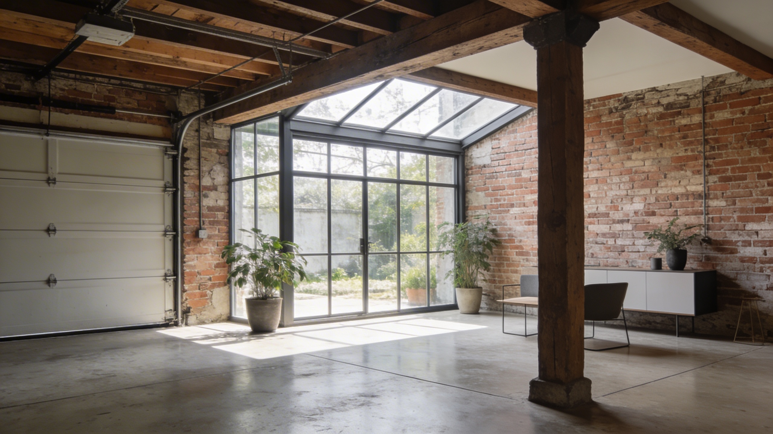 Ancien garage en brique transformé en loft lumineux avec grande baie vitree