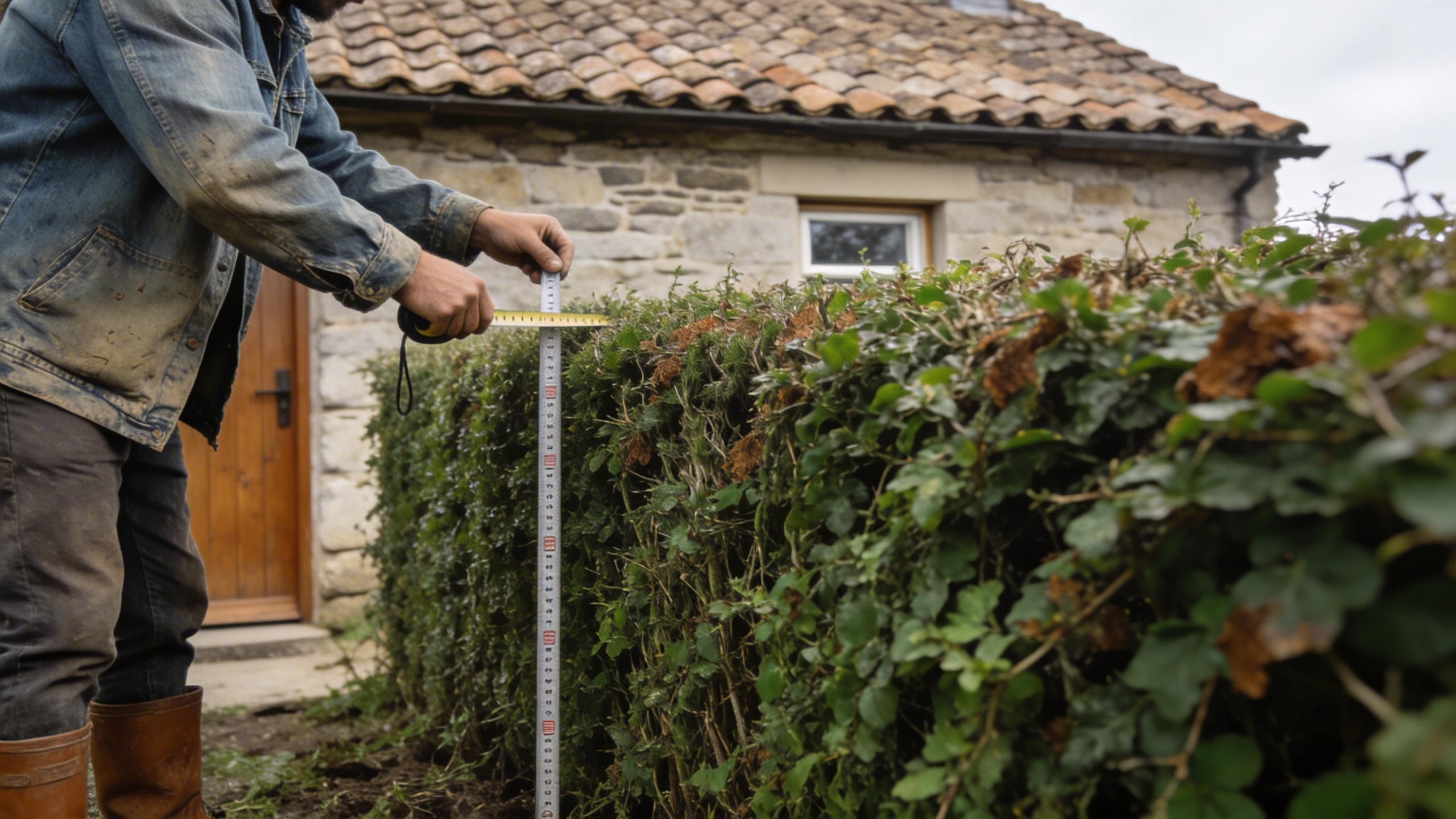 Jardinier mesurant avec un metre une vieille haie haute devant maison