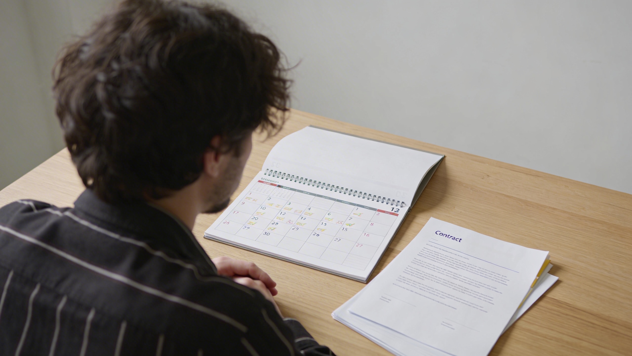 Locataire assis a une table regardant un calendrier et un contrat