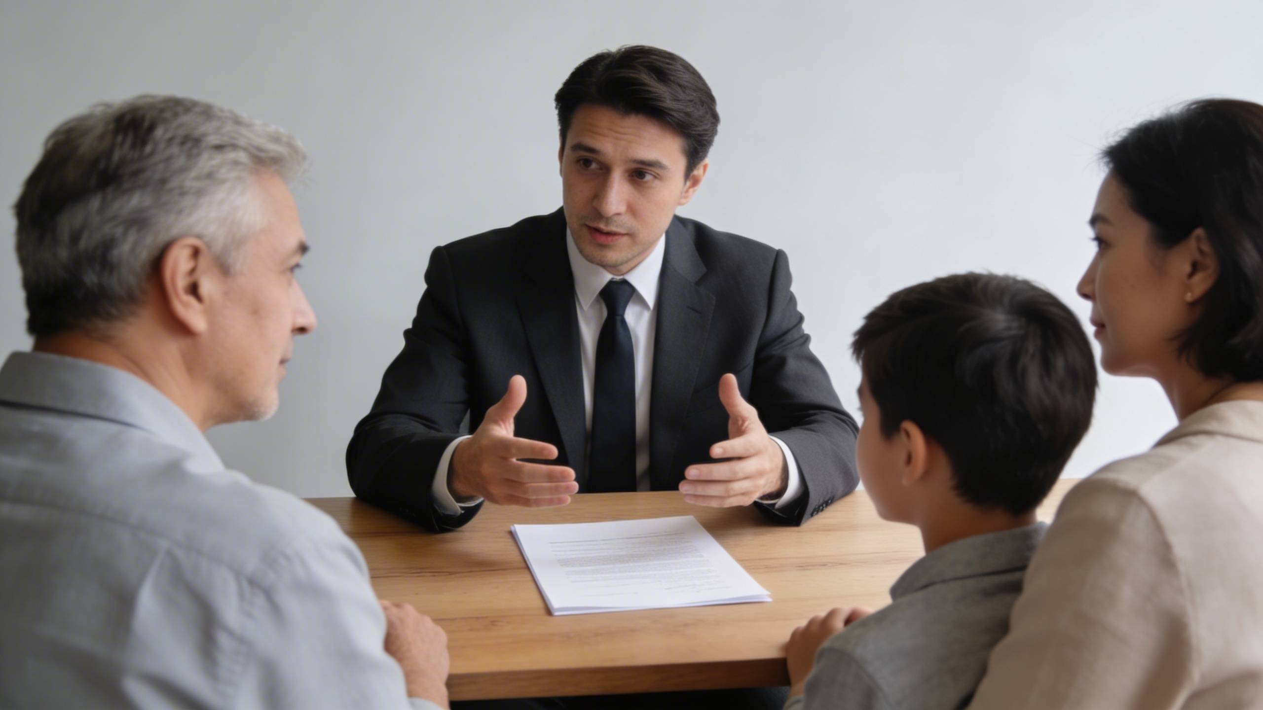 Notaire assis a une table expliquant un testament a une famille