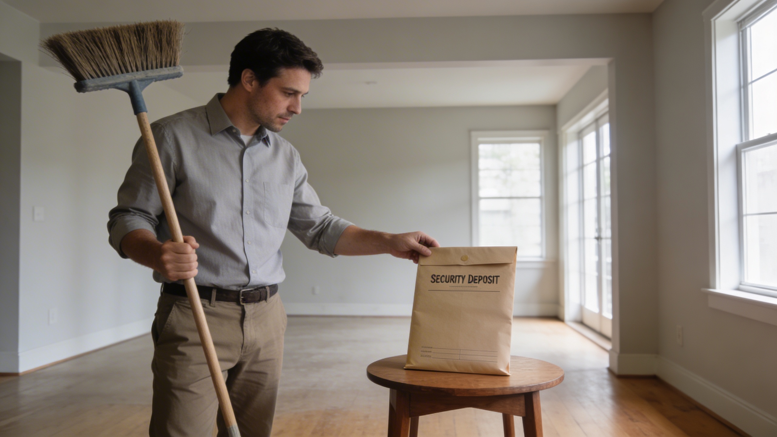 Proprietaire inspectant un appartement vide avec balai et caution sur table
