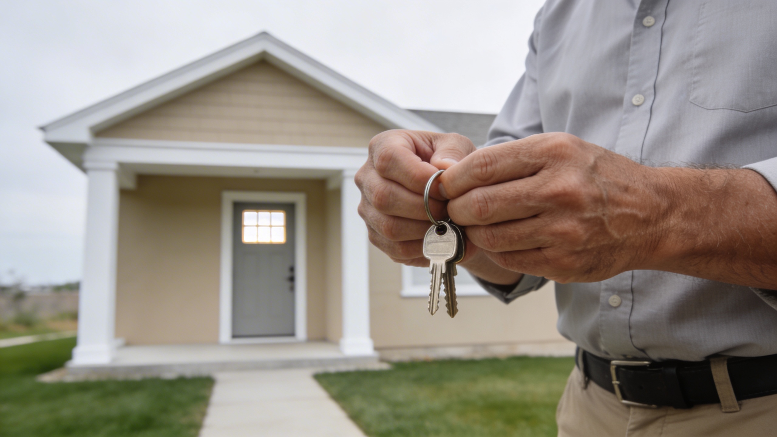 Proprietaire serrant des cles devant une maison vide a louer
