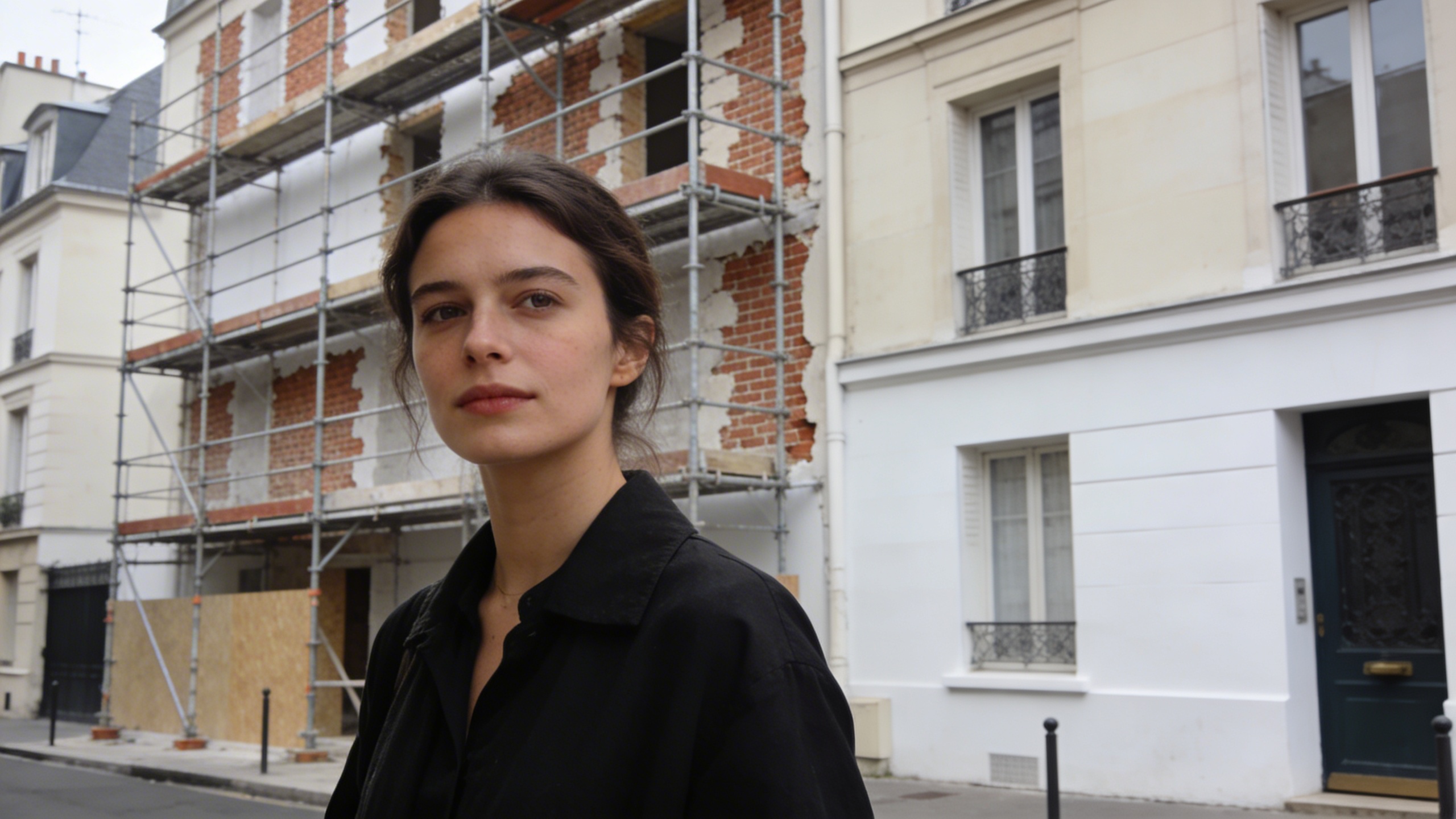 Vue d'une rue résidentielle calme à Paris avec maisons en rénovation