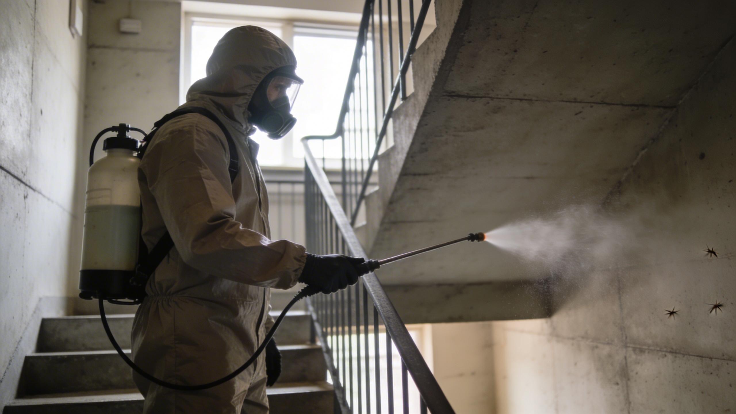 Technicien en combinaison pulvérisant insecticide dans cage descalier dimmeuble