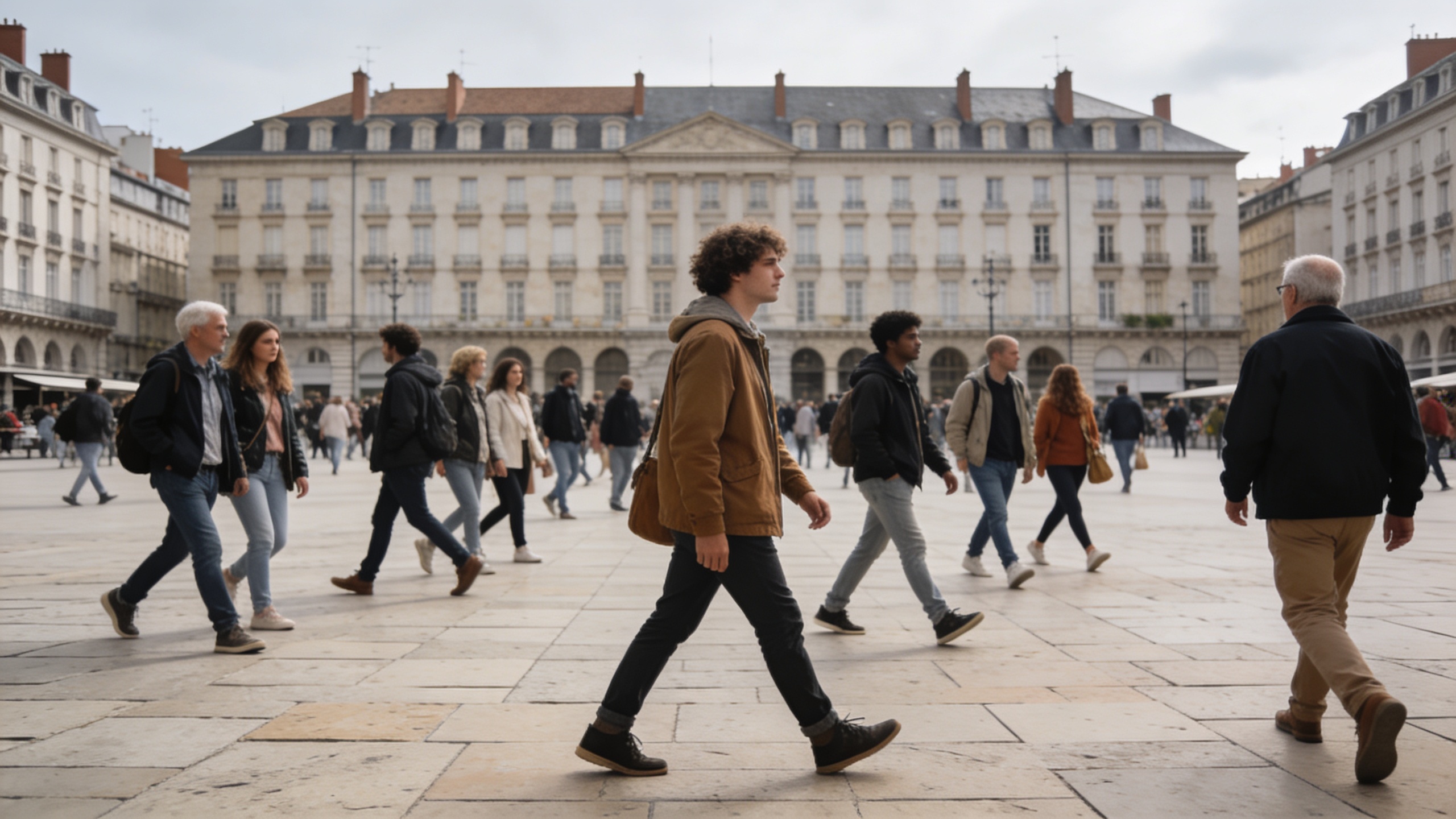 Foule diverse traverse une grande place de Pau