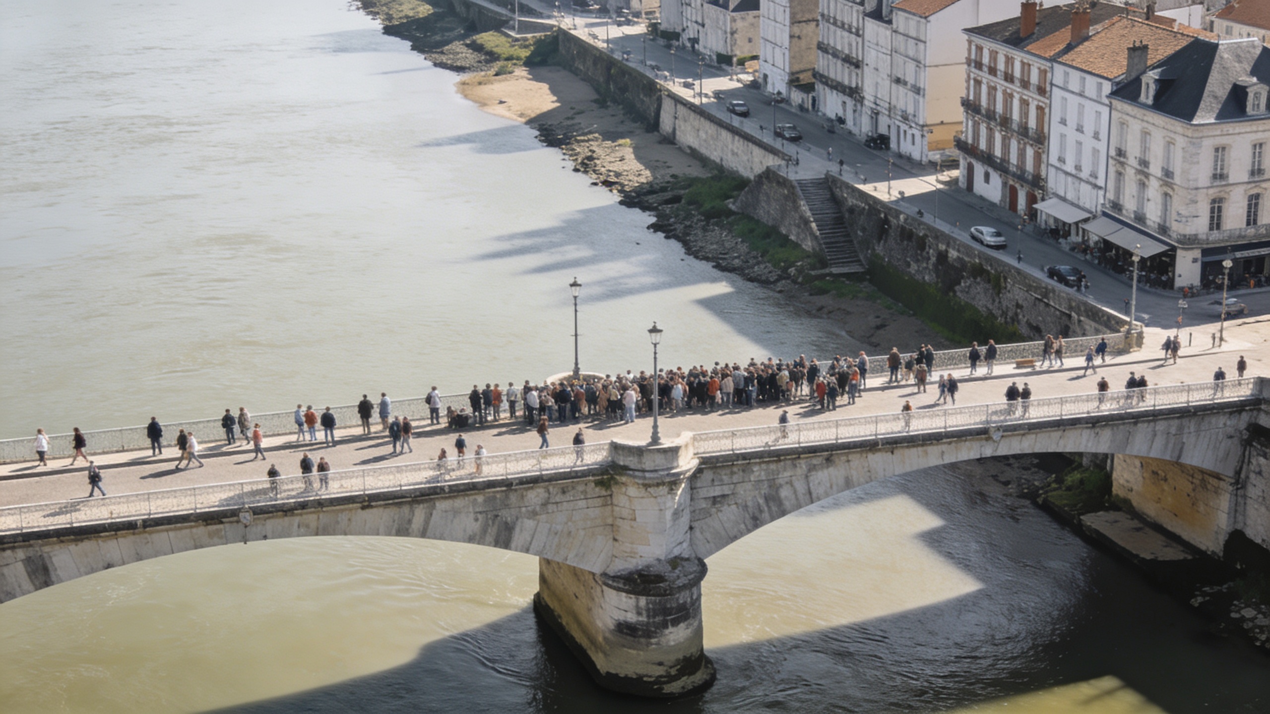 vue aerienne de bayonne avec foule sur pont
