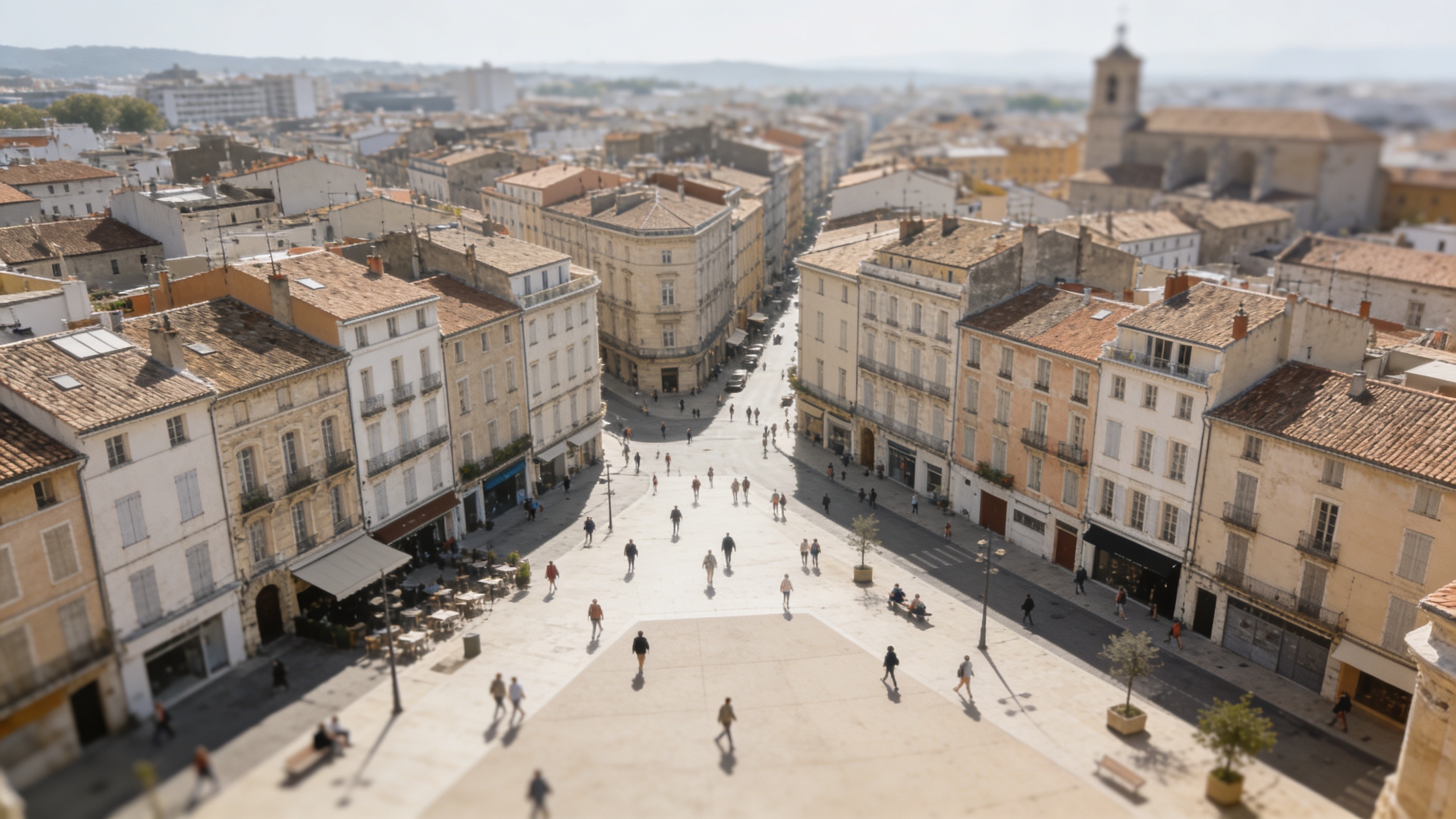 vue aerienne dense de Perpignan avec passants