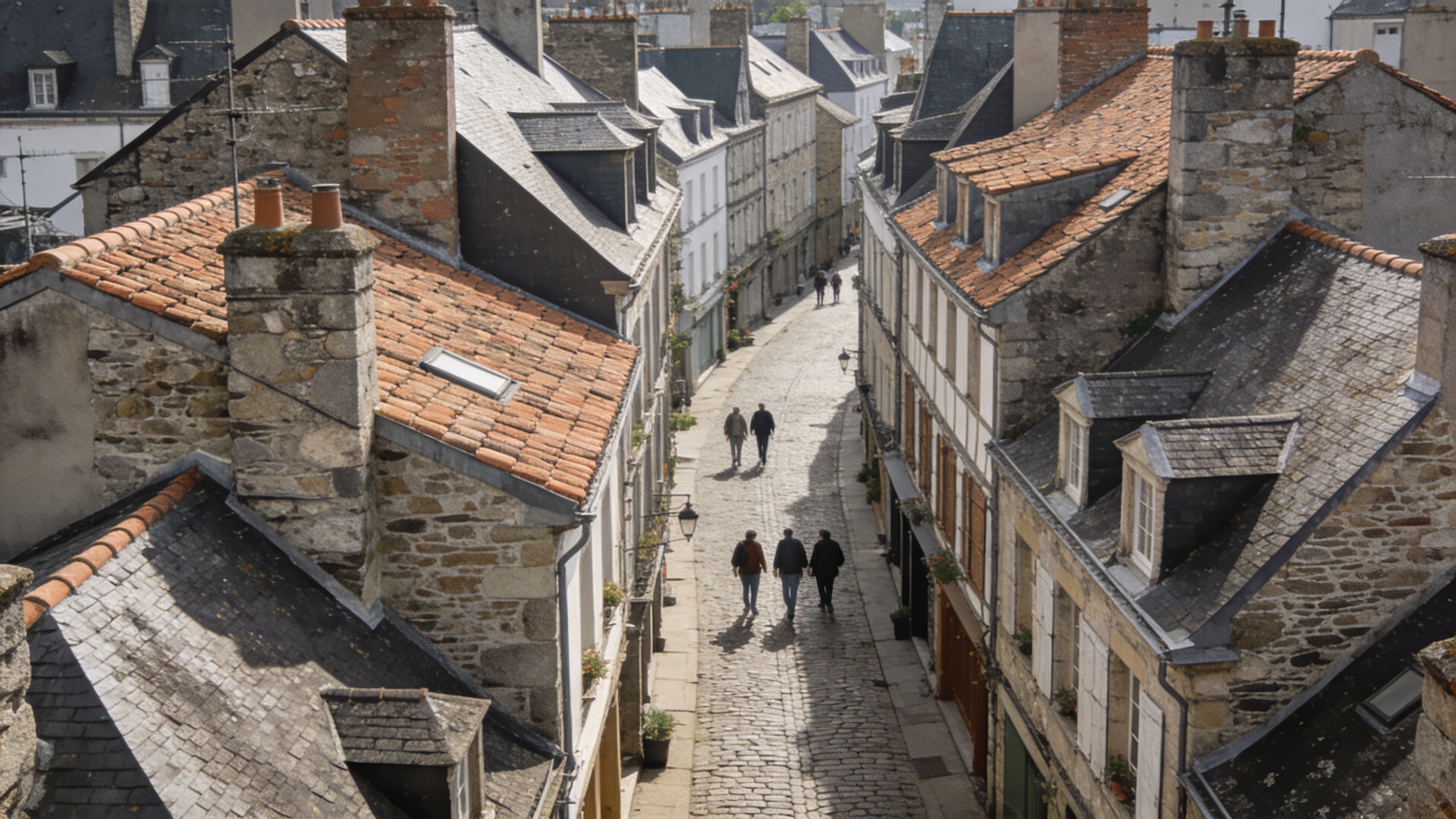 Vue aerienne de Quimper avec maisons et piétons