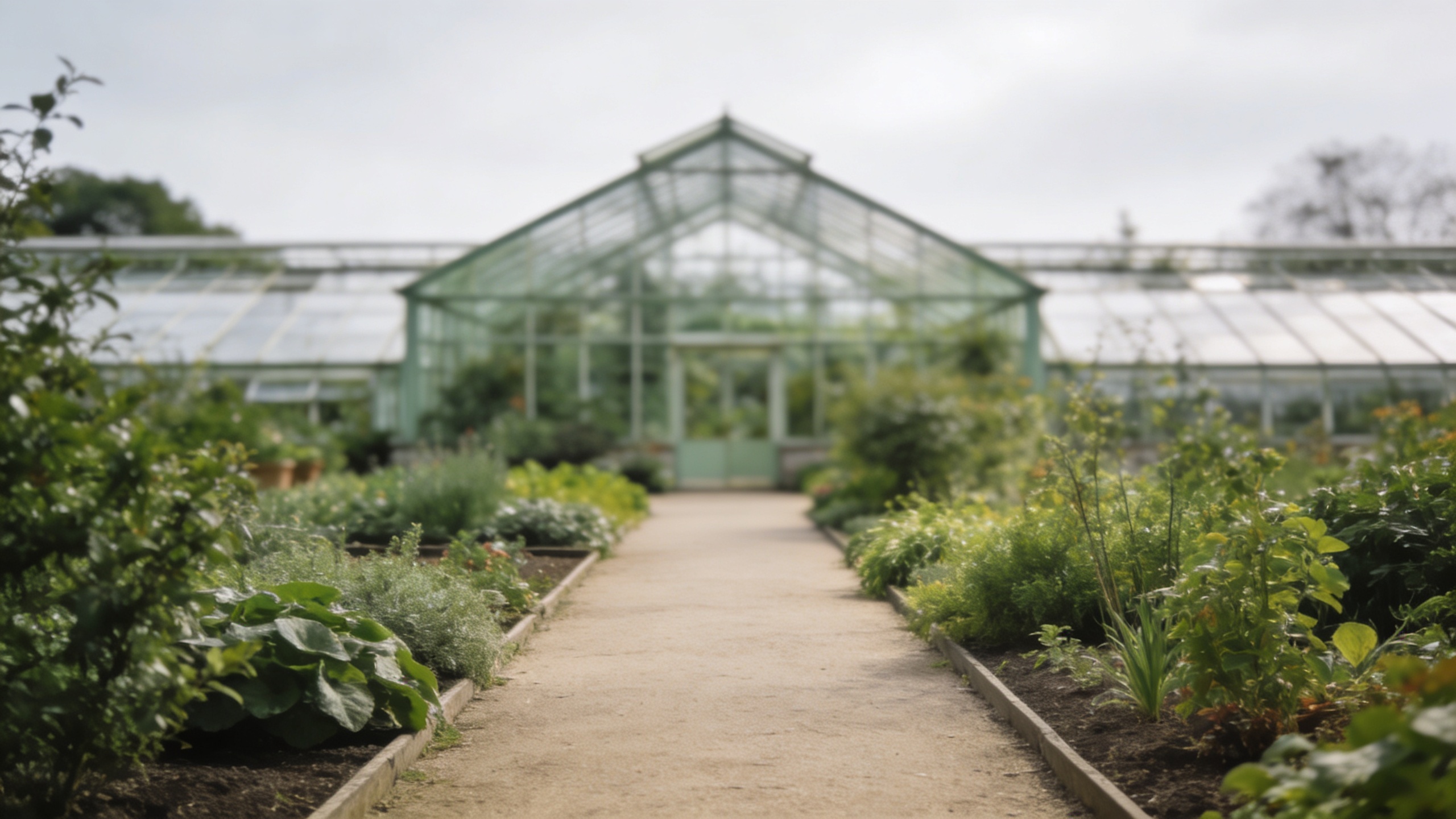Allee centrale du jardin botanique avec serres