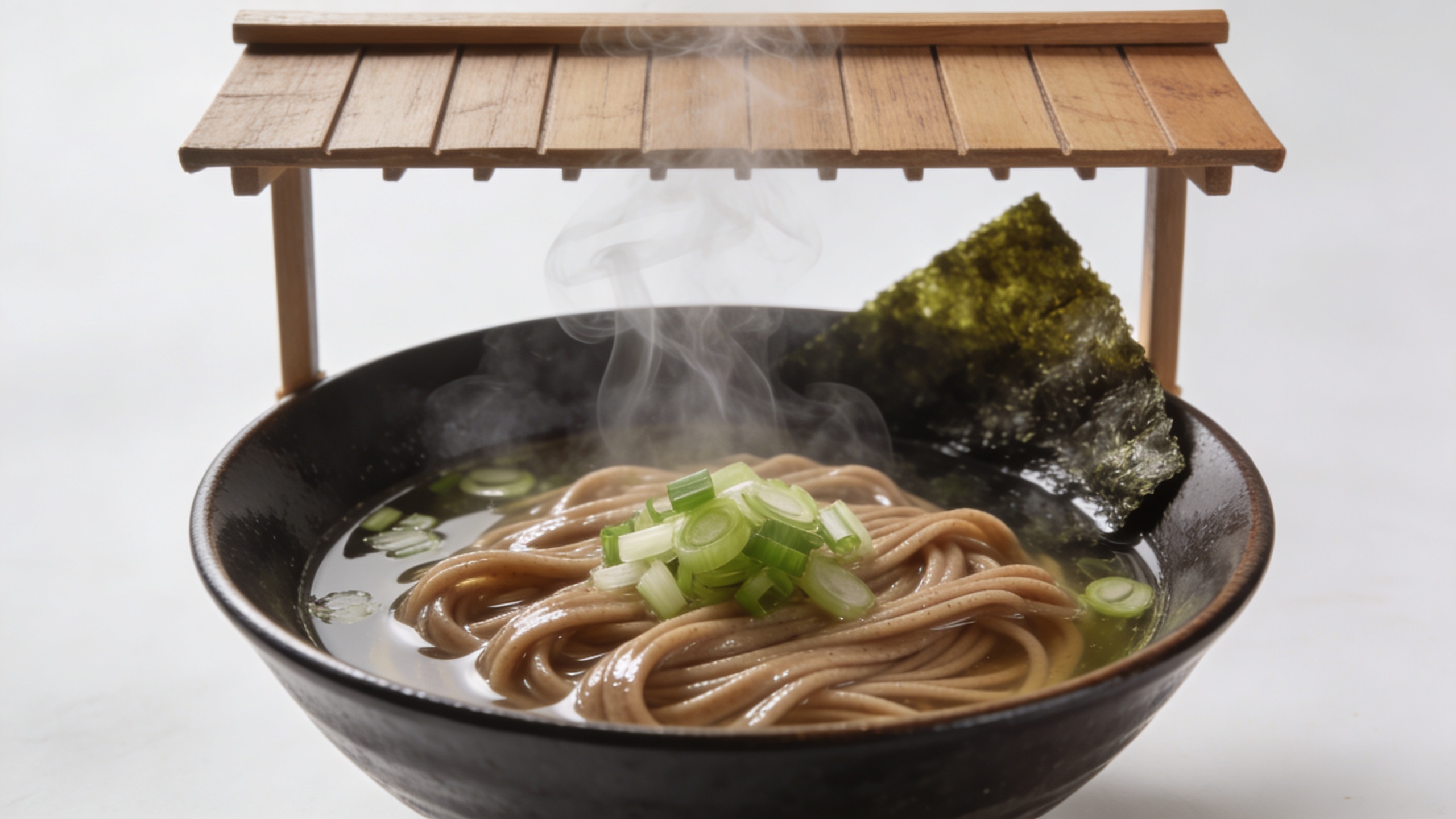 Bol de nouilles soba fumantes sous petit auvent