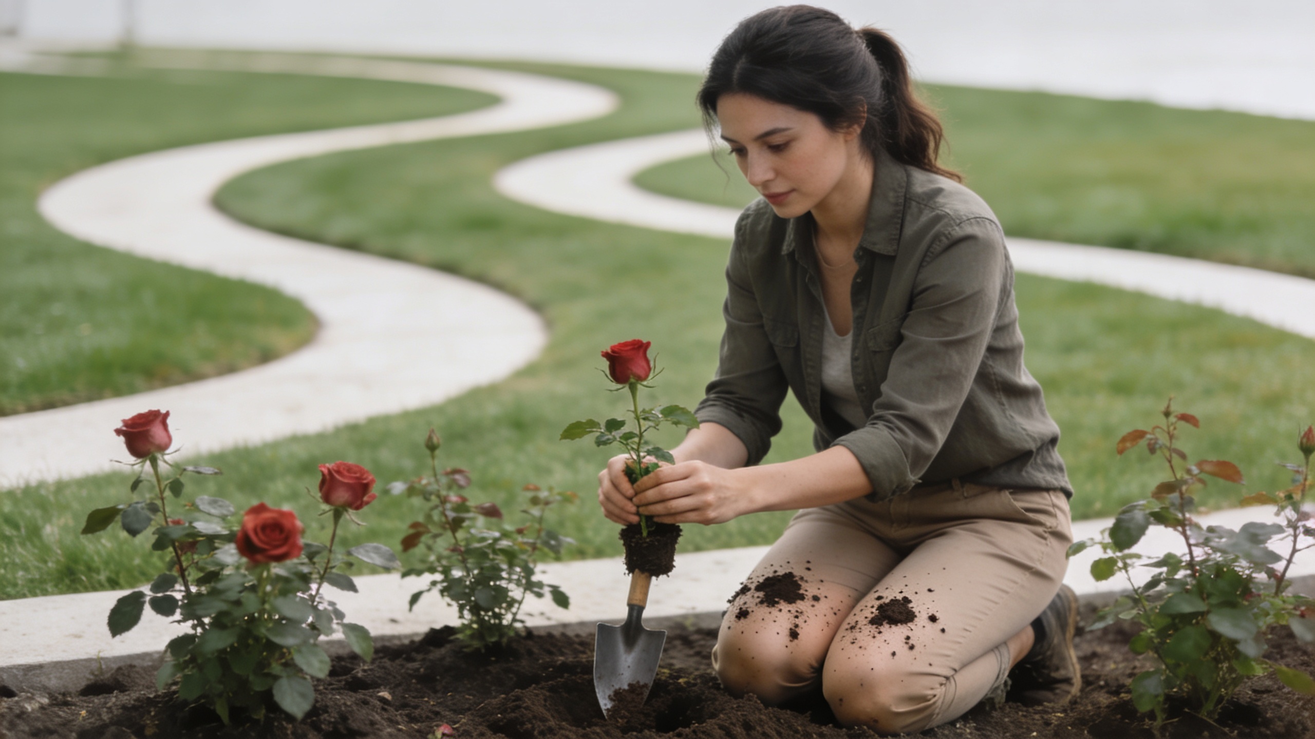 femme agenouillée plantant des rosiers devant pelouse sinueuse