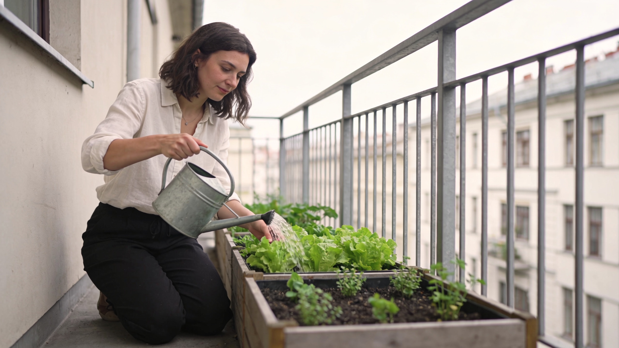 Femme agenouillée arrosant des bacs de legumes sur balcon étroit