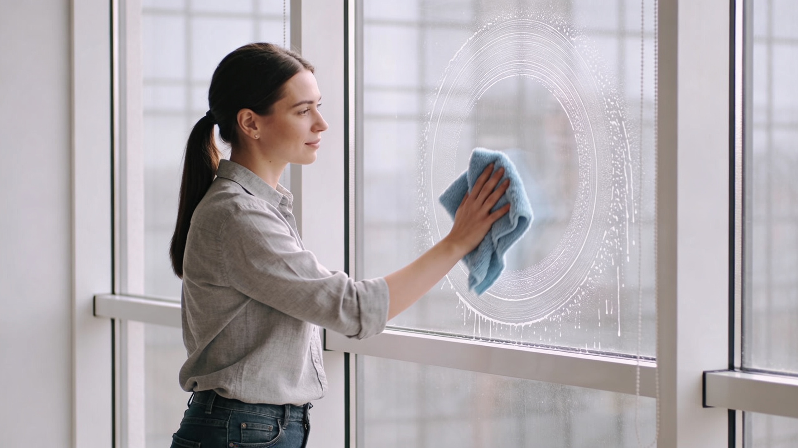 Femme essuyant une grande fenetre avec chiffon microfibre