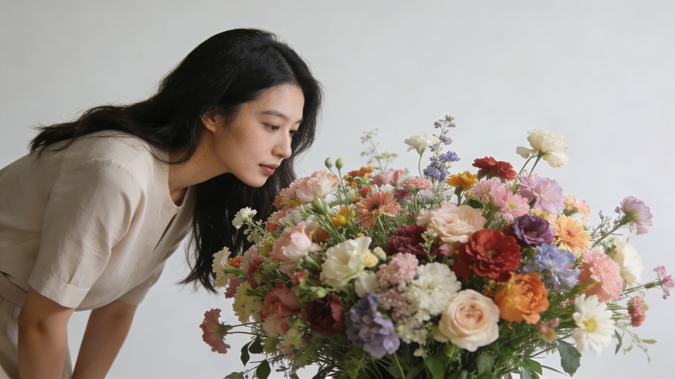 femme penchee sur massif de fleurs colorées