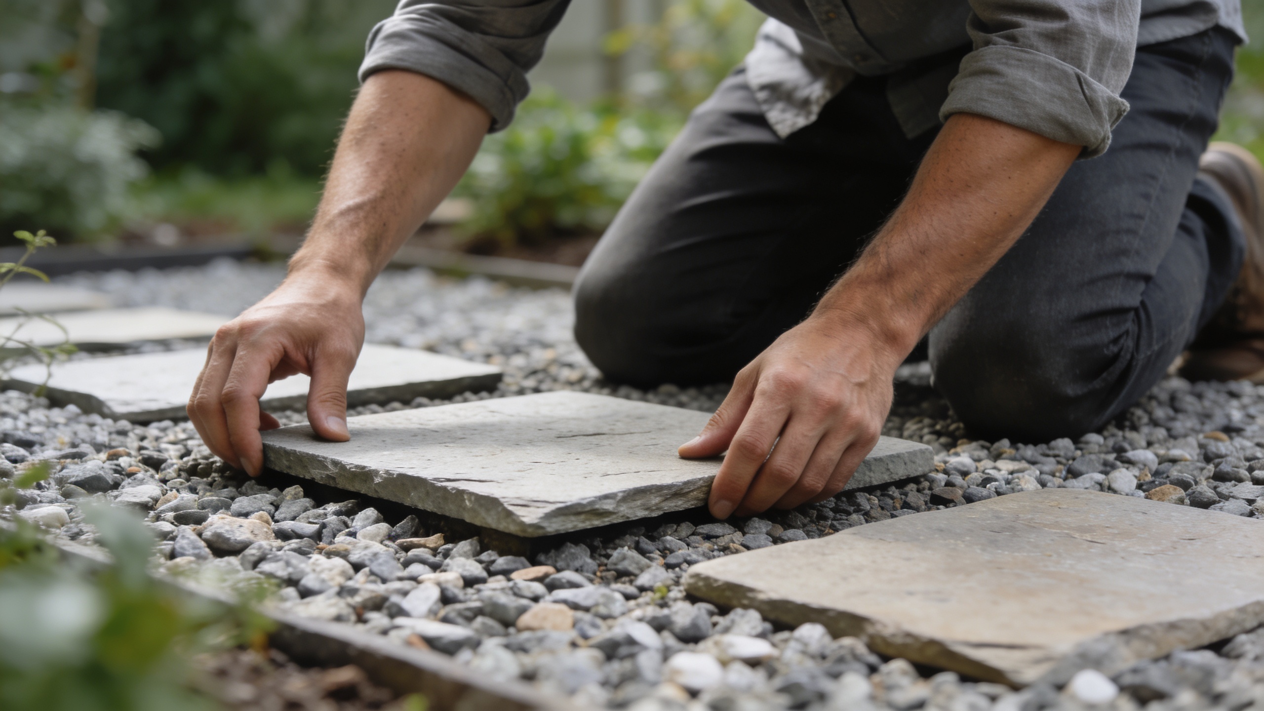 homme agenouille posant des dalles sur gravier jardin