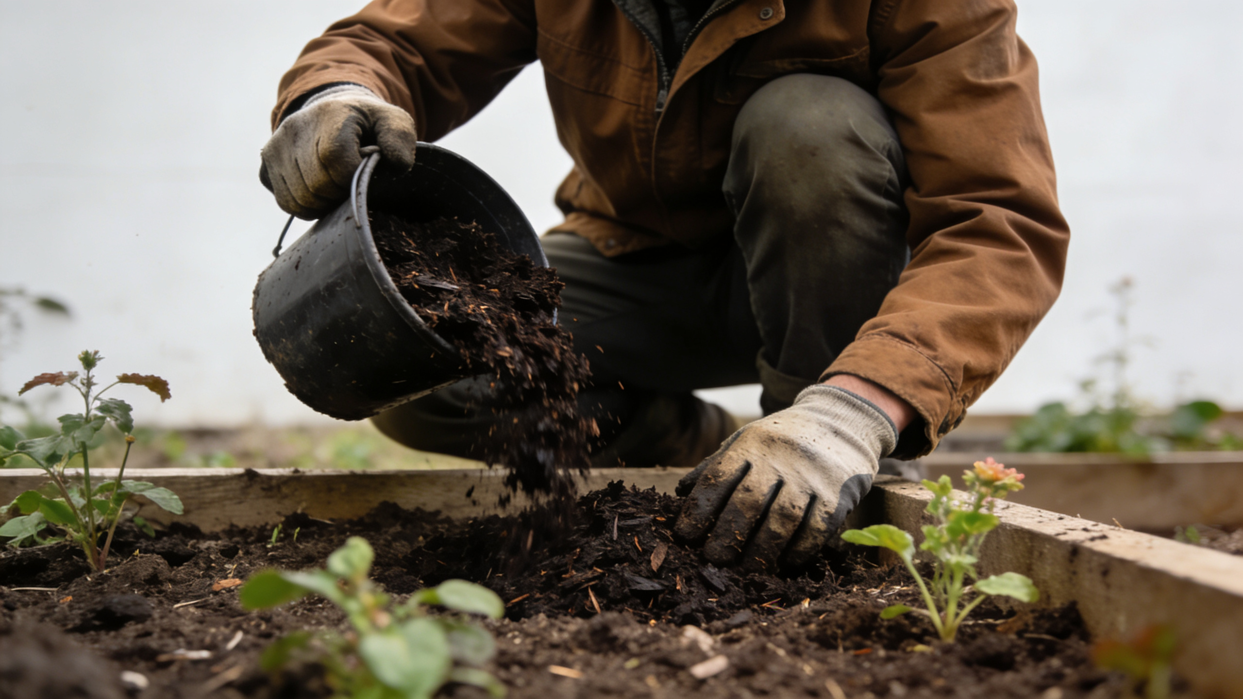 jardinier accroupi ajoutant compost sombre sur parterre