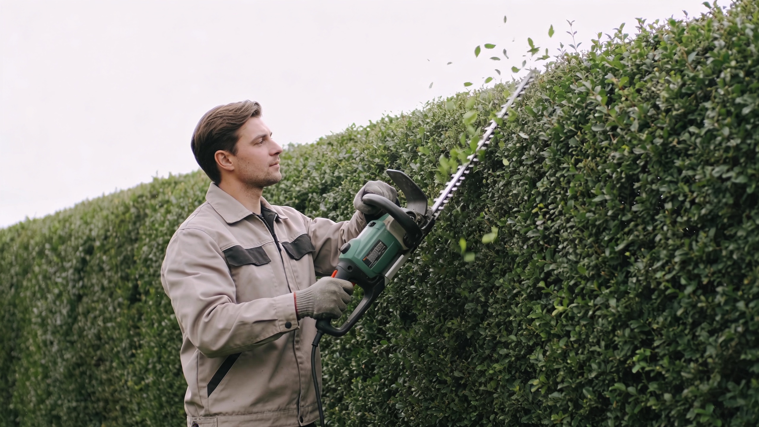 jardinier taille une longue haie verte au taille haie