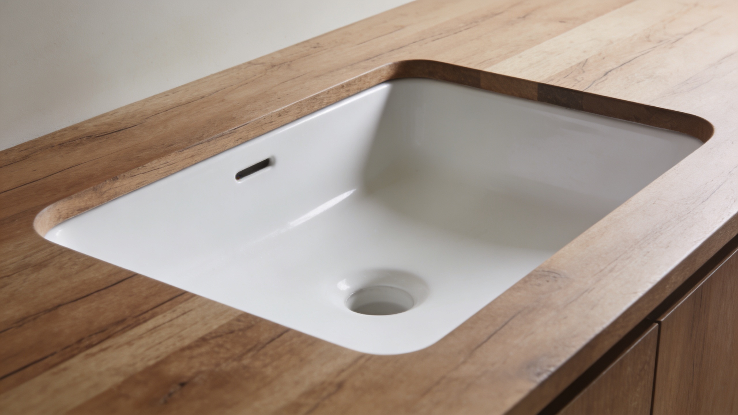 Lavabo blanc encastre dans plan de travail bois