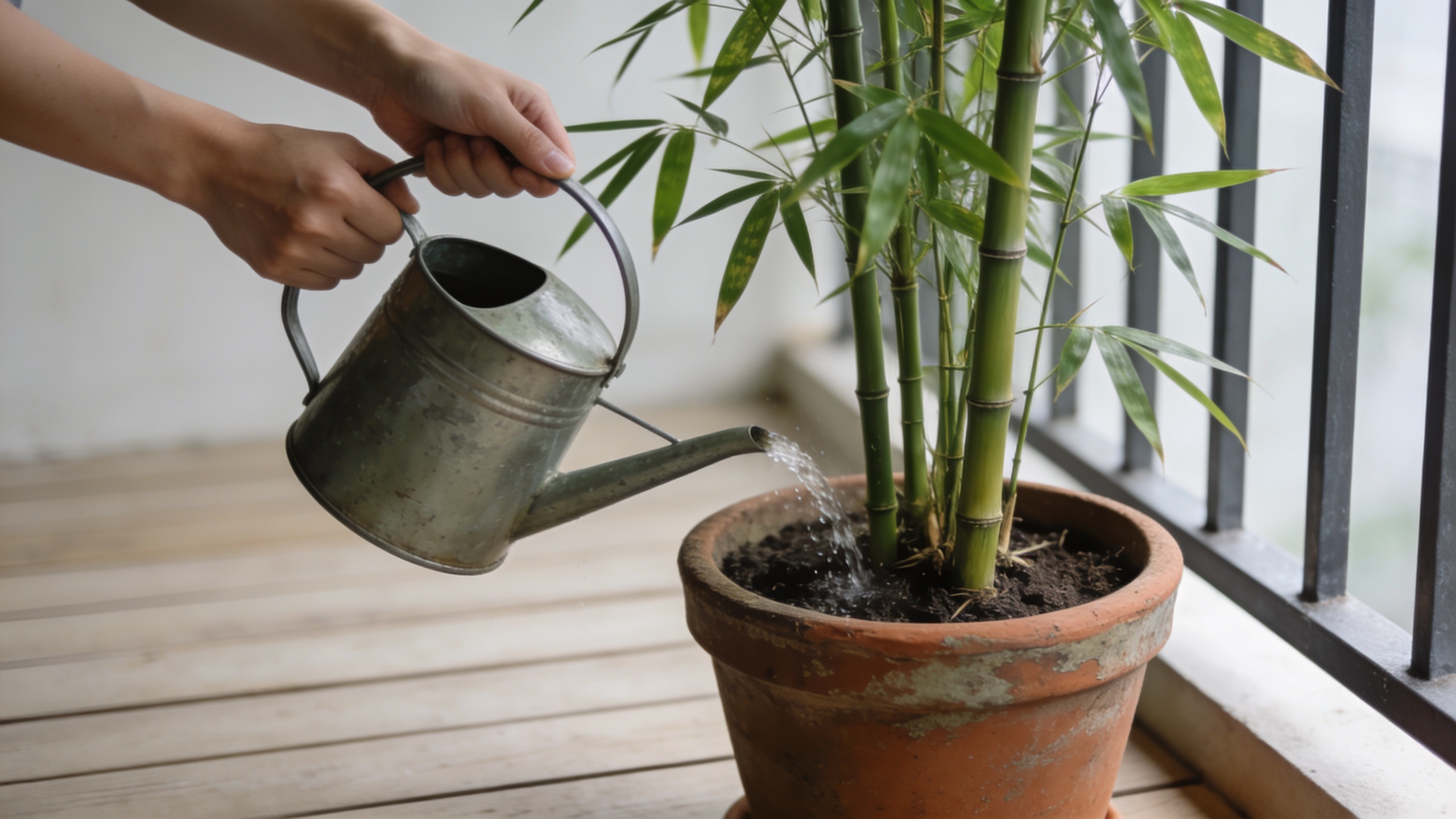 Mains arrosant un bambou en pot sur balcon
