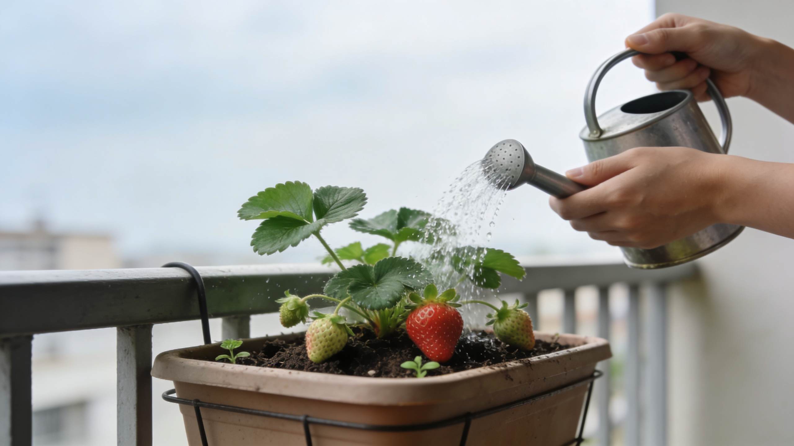 Mains arrosant un pot de fraisiers sur balcon