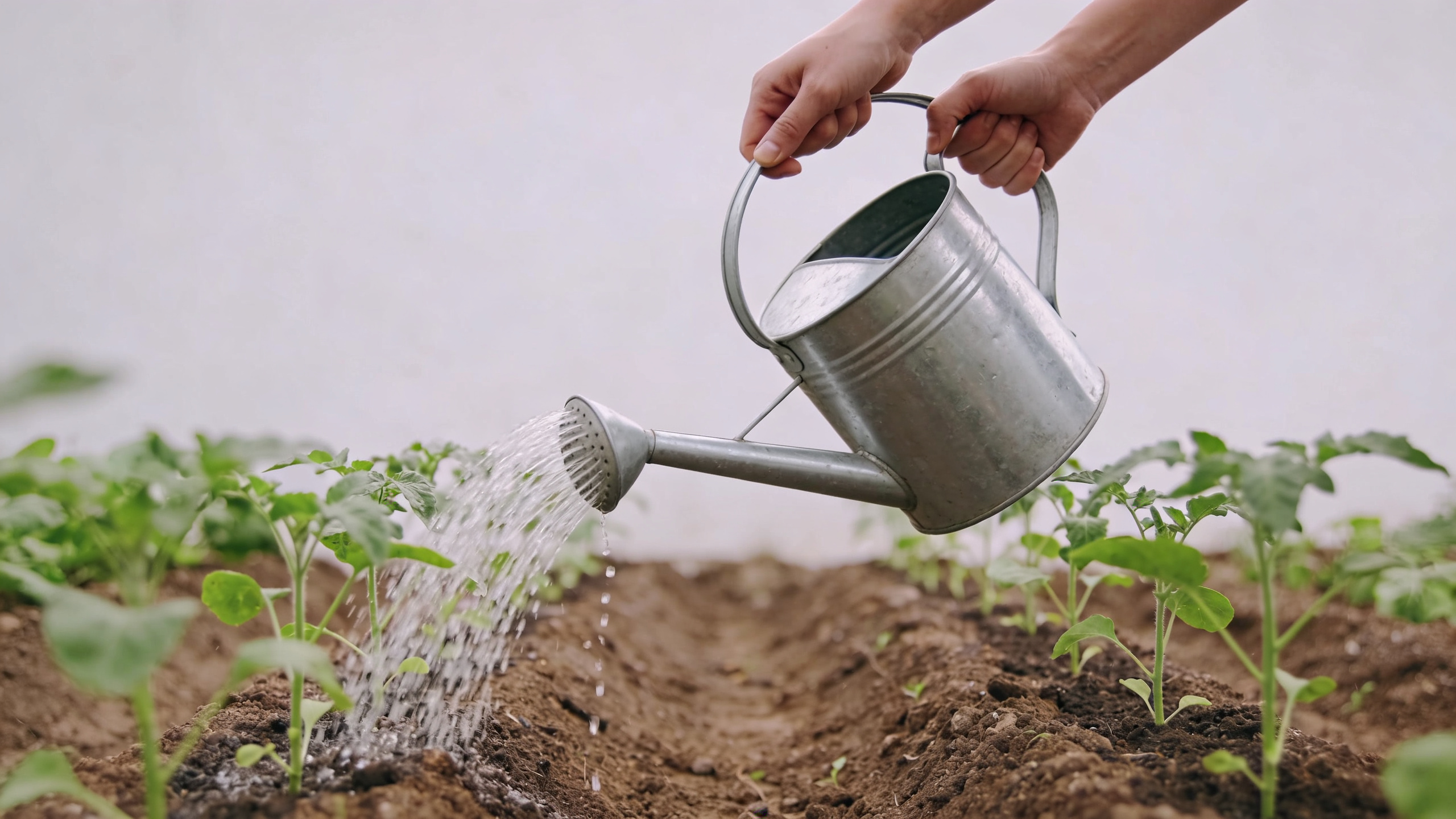 Mains arrosant doucement un potager avec arrosoir