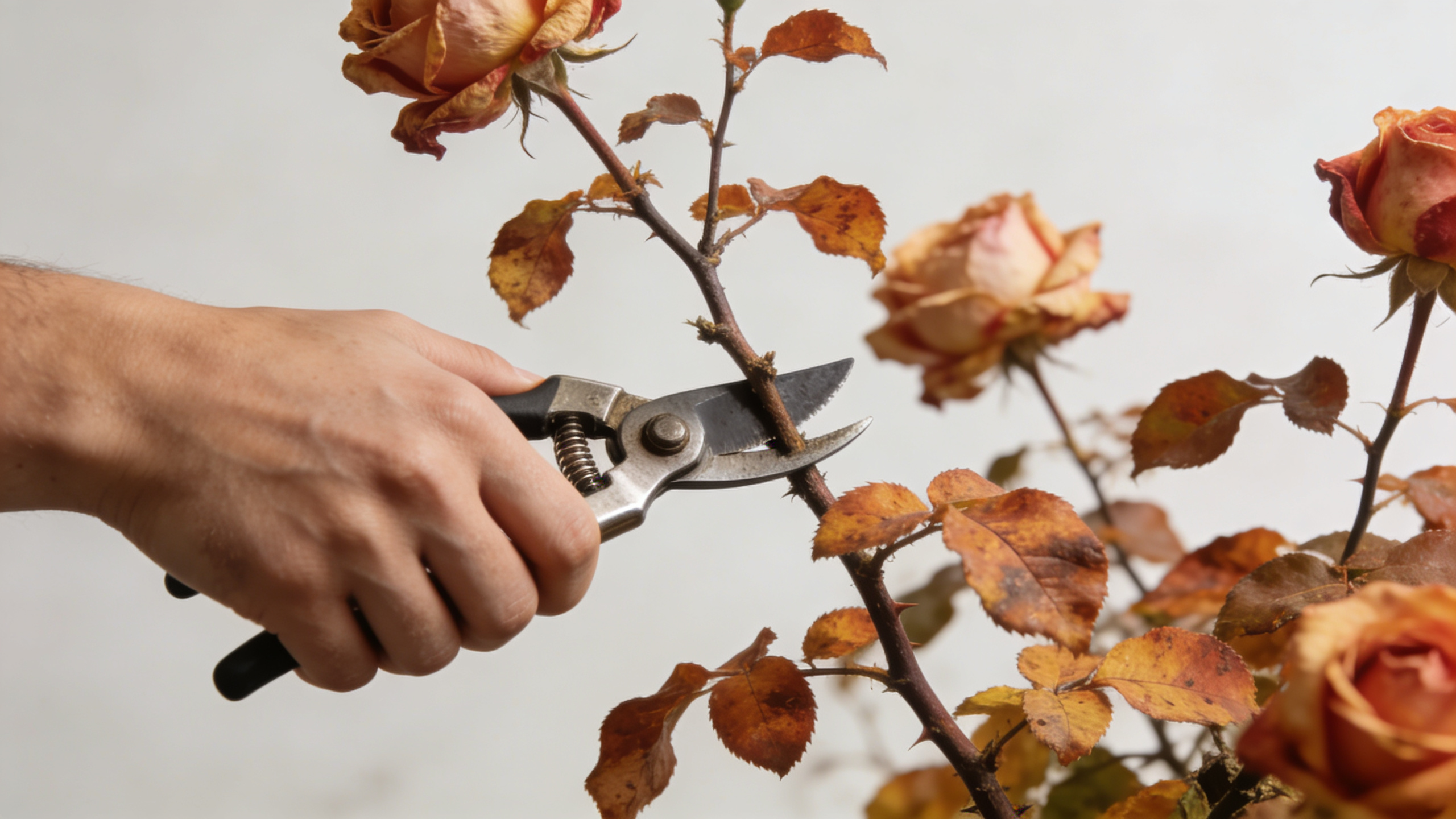 mains coupant soigneusement branches de rosier automnal