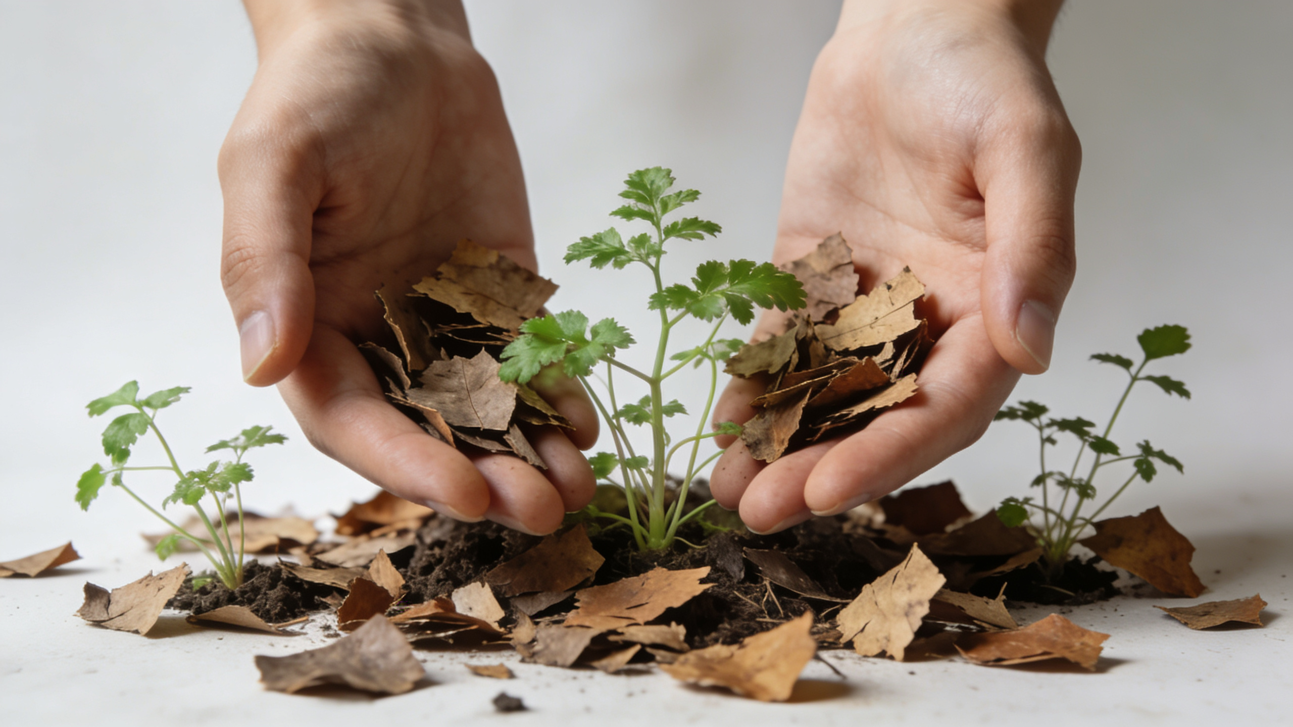 mains versant feuilles mortes hachees autour de plantes