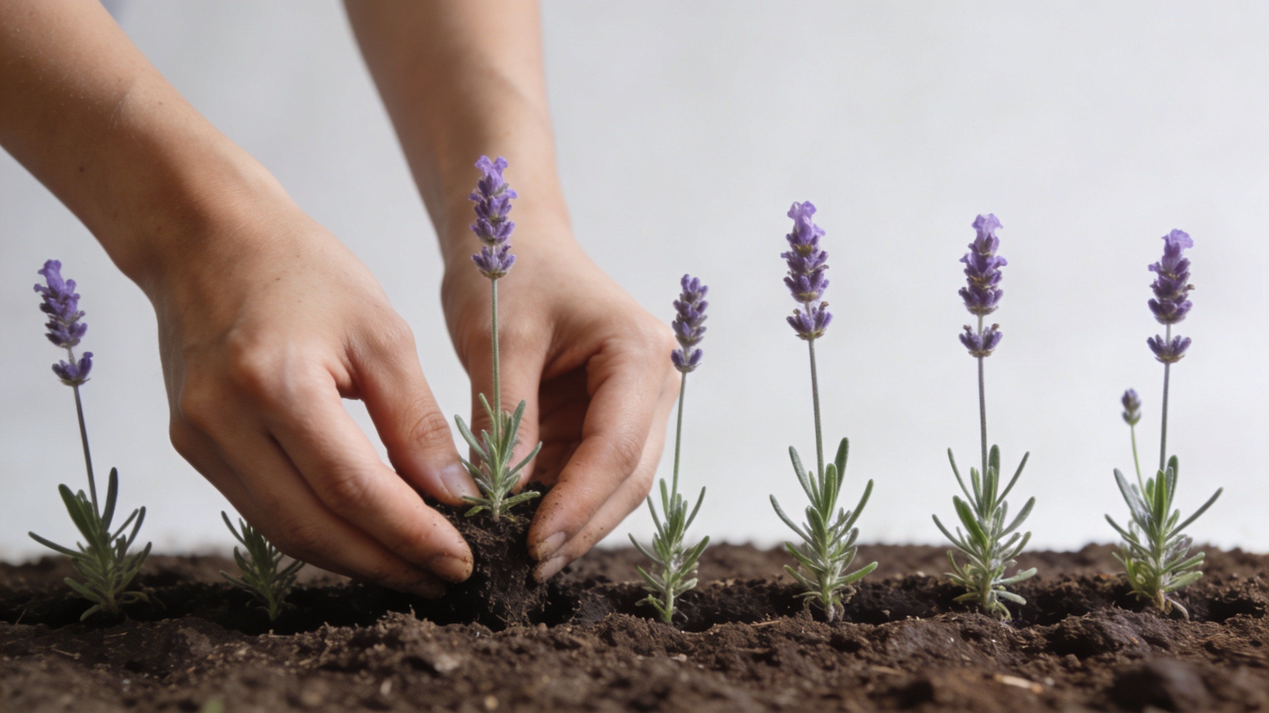 mains plantant de jeunes pieds de lavande en rangs