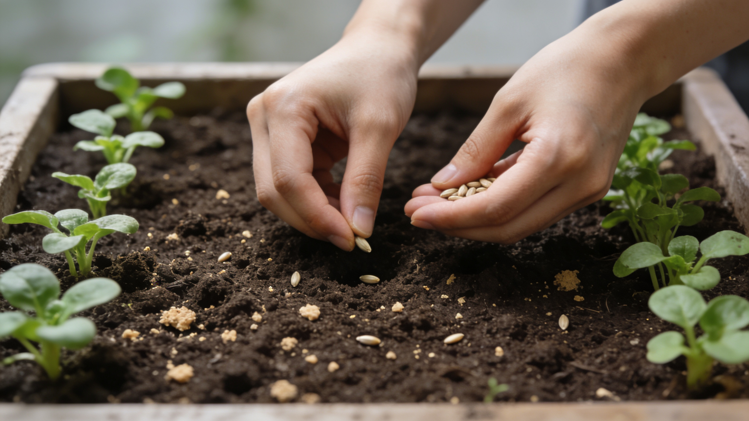 Mains plantant des semis dans un carre potager