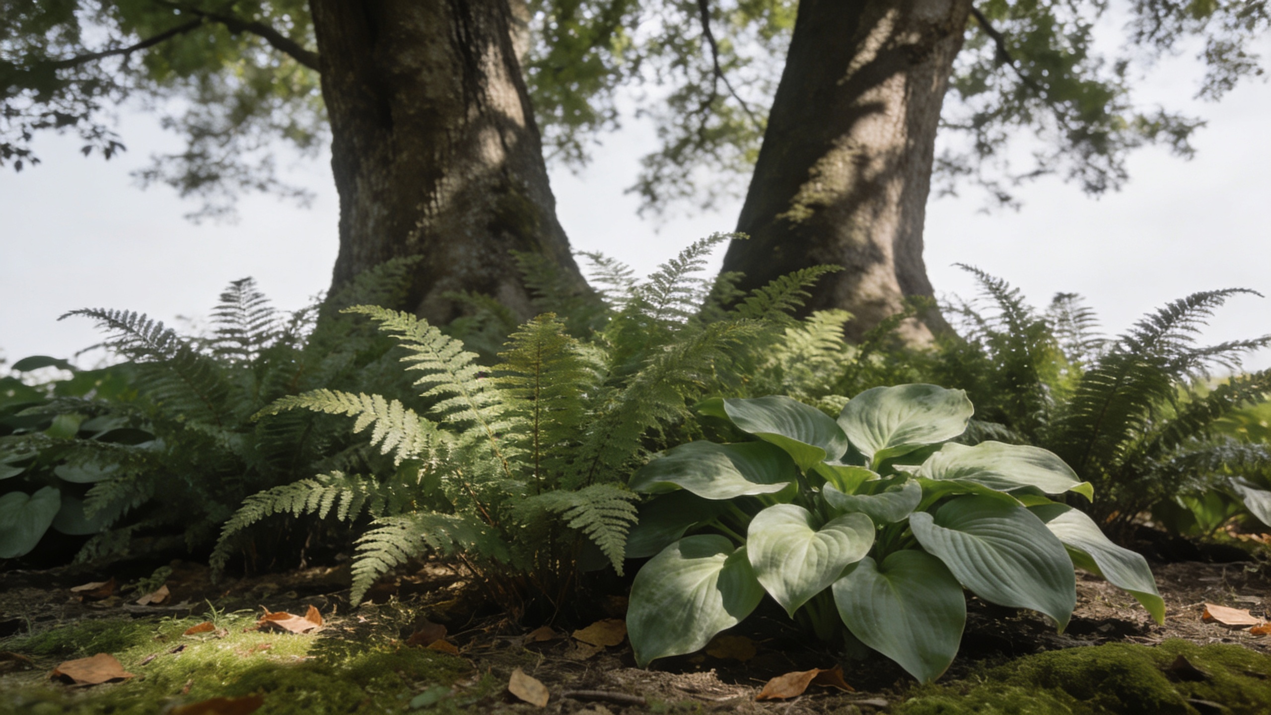 Massif de fougeres et hostas sous grands arbres