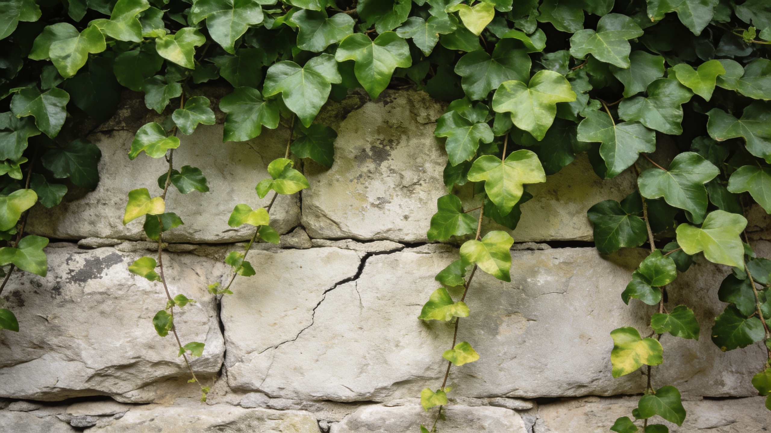 Mur en pierre couvert de lierre persistant verdoyant