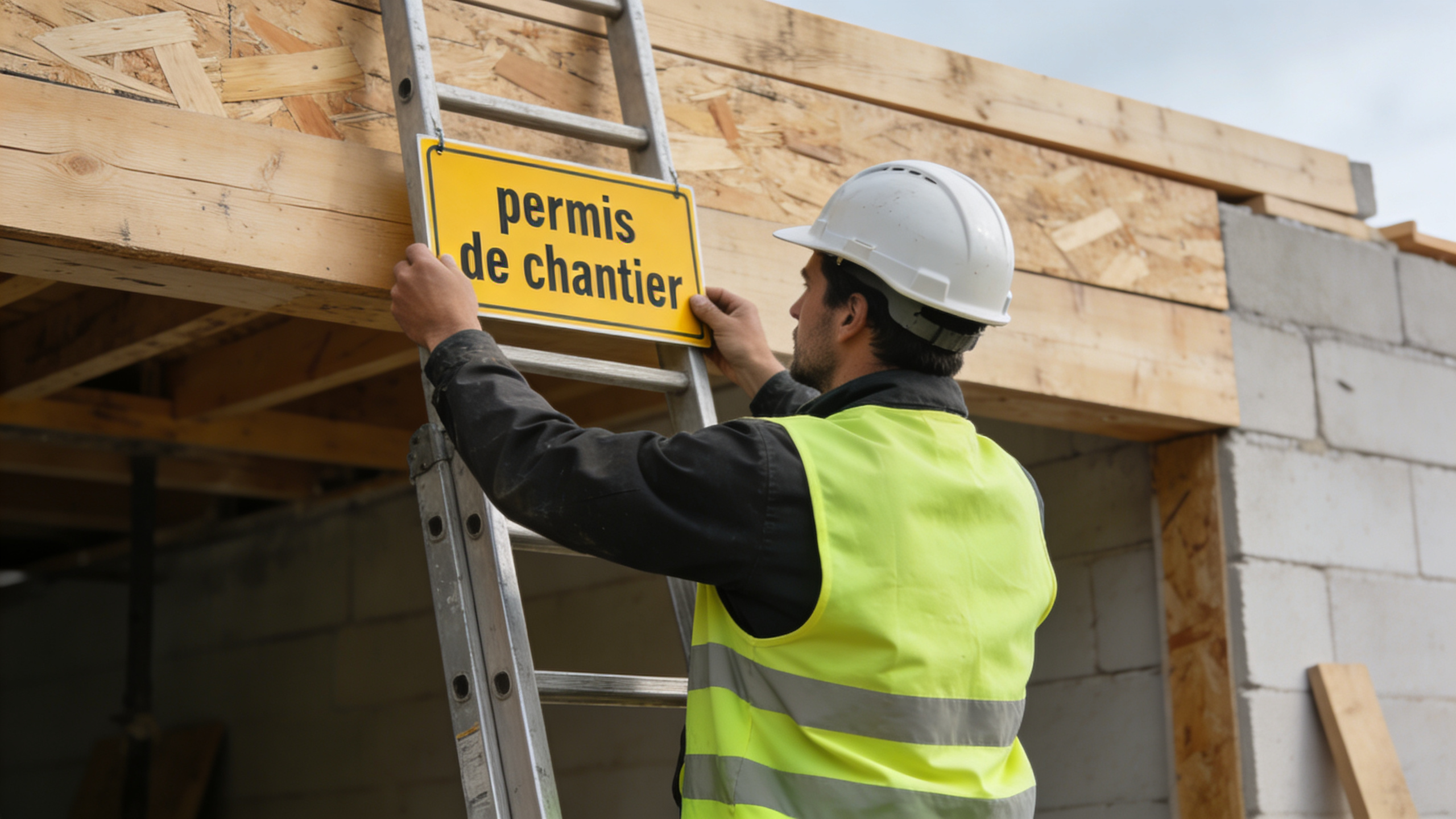 ouvrier accrochant panneau jaune permis devant chantier