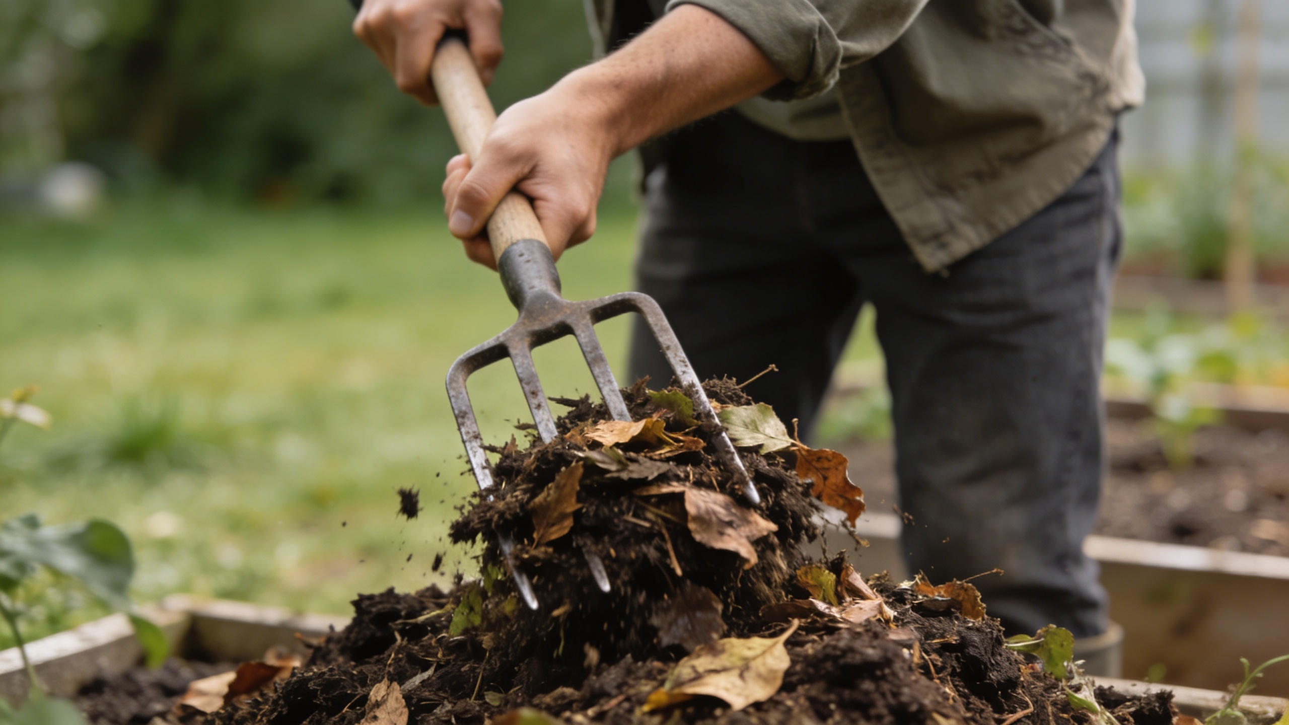 Personne retournant un tas de compost au jardin