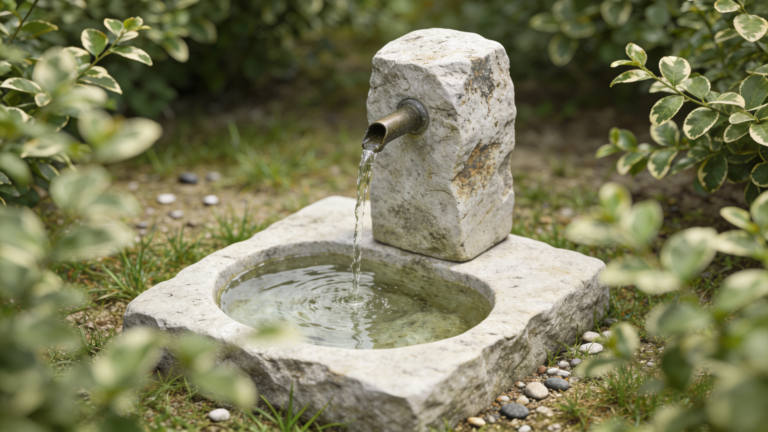 Petite fontaine en pierre au centre dun jardin