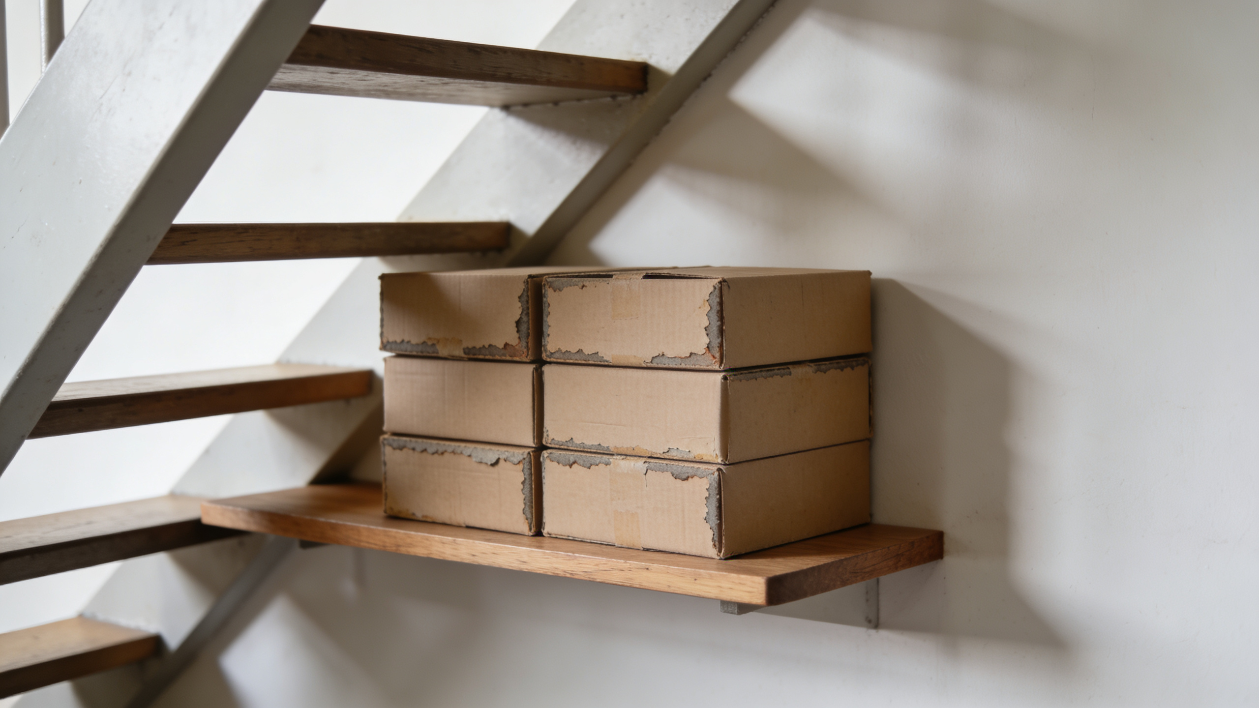 petit placard sous escalier avec boites empilees