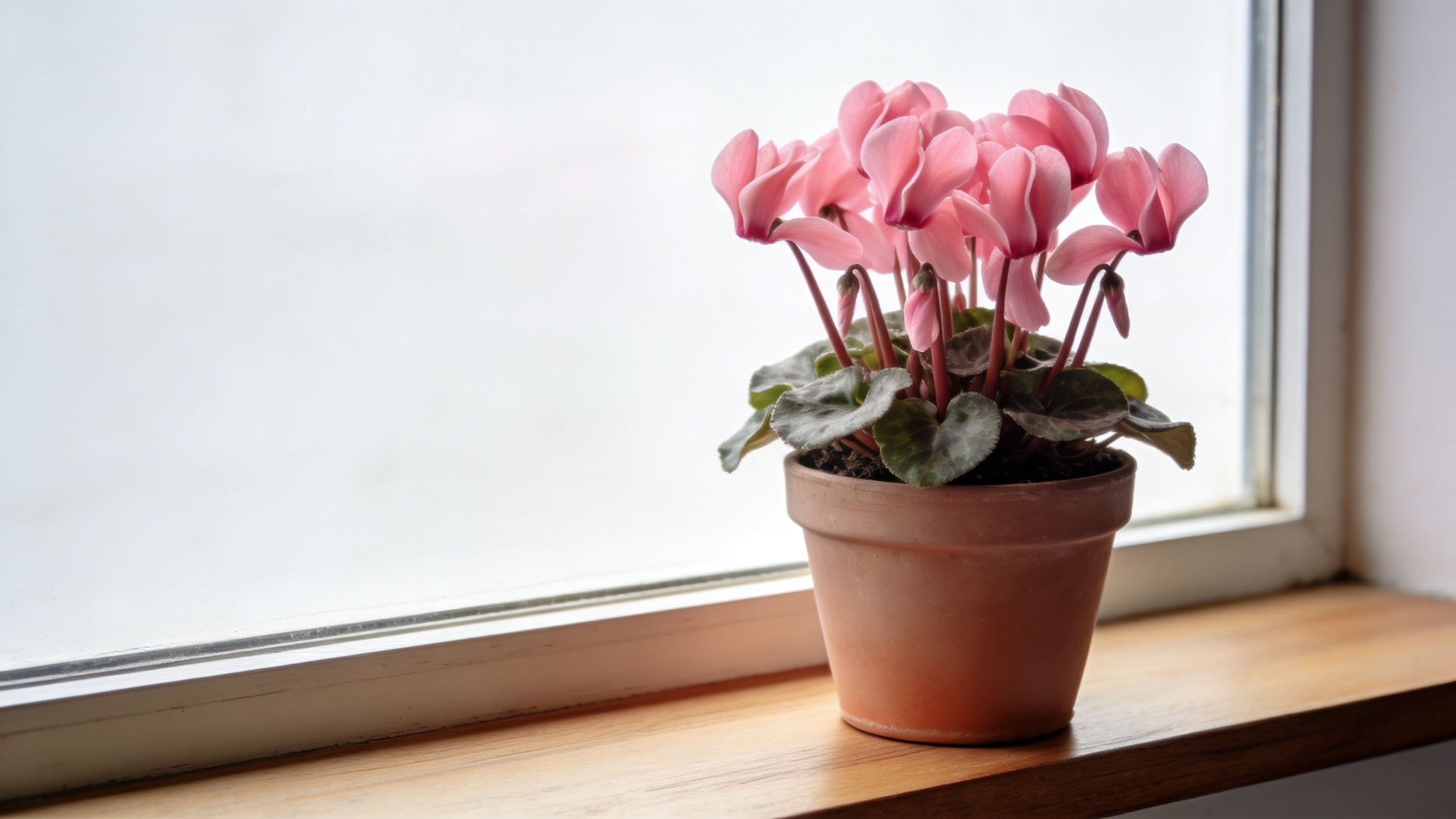 Pot de cyclamens roses sur rebord de fenetre