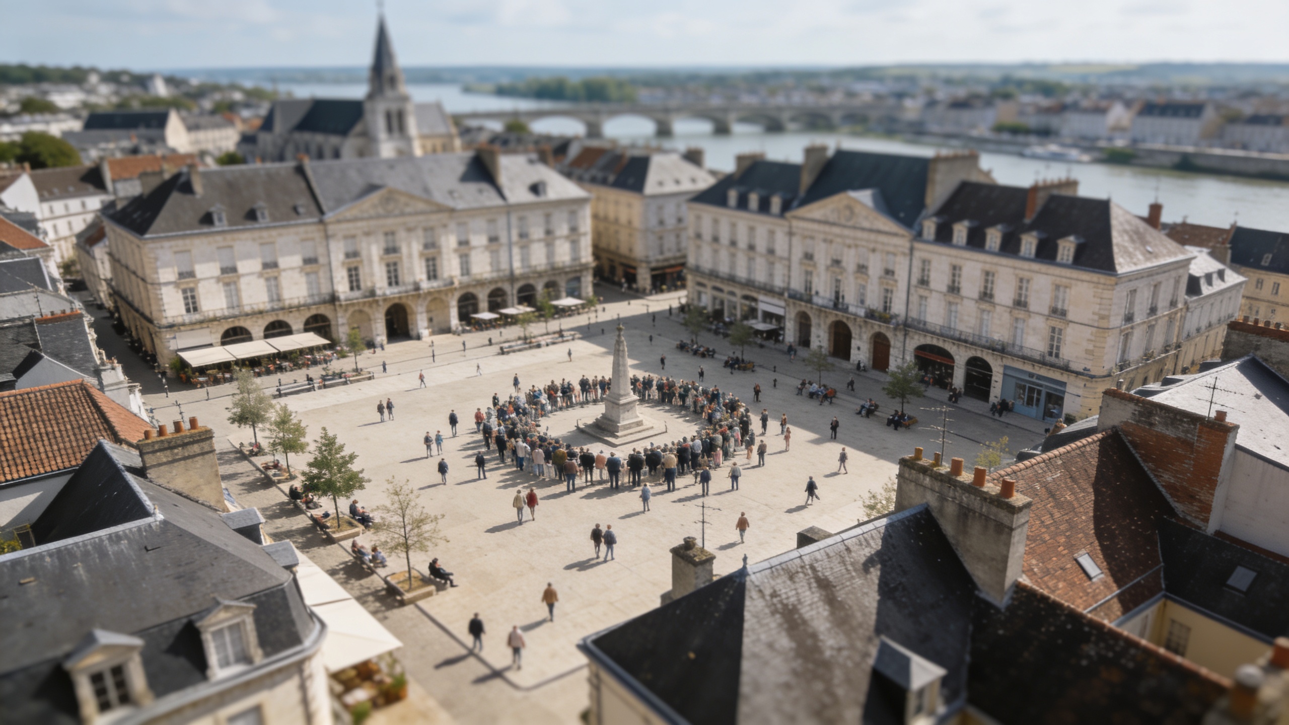 Vue aerienne d Angers avec foule sur la place