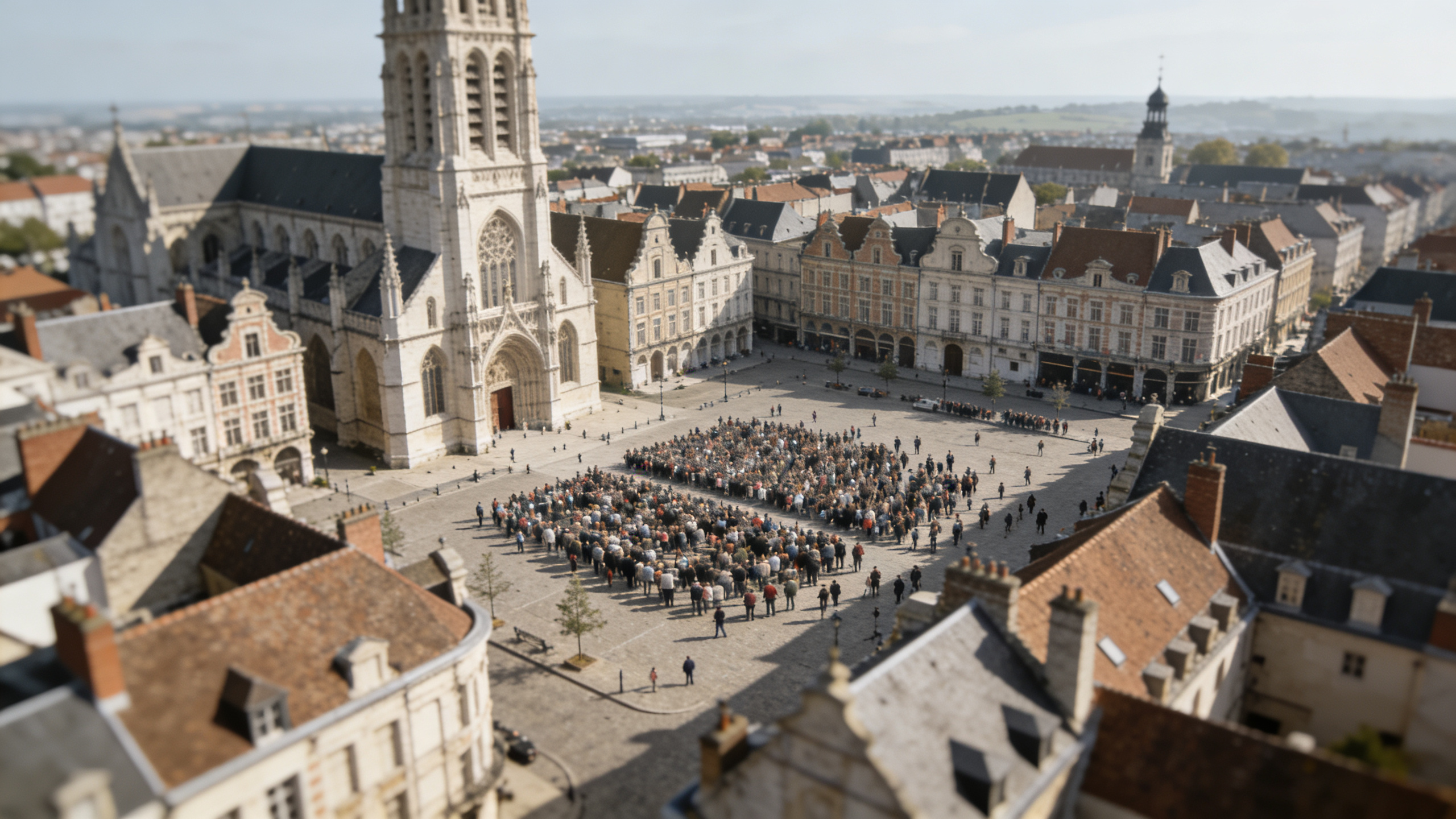 Vue aerienne d Arras avec foule sur la place
