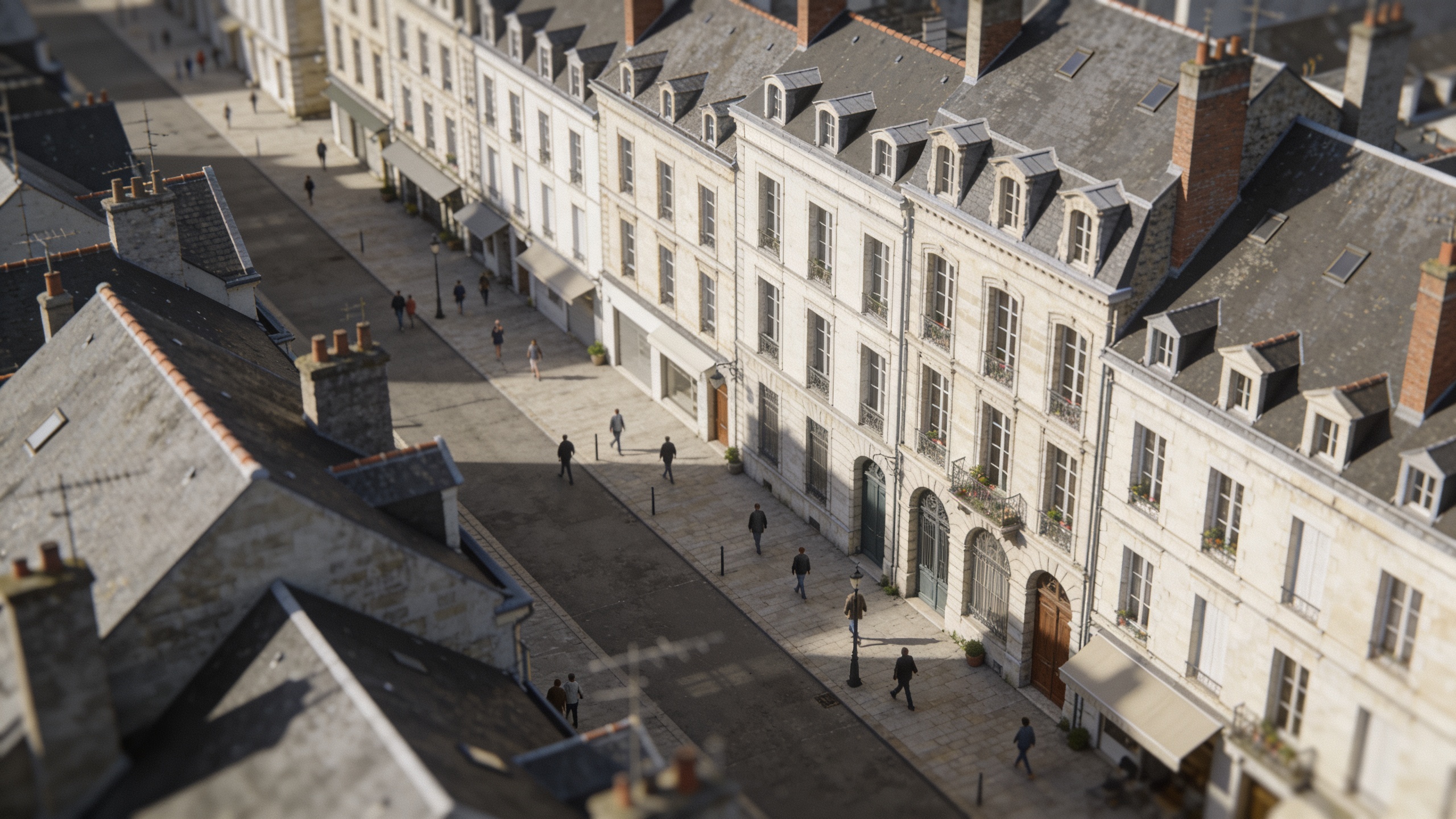 Vue aerienne de Caen avec immeubles et passants