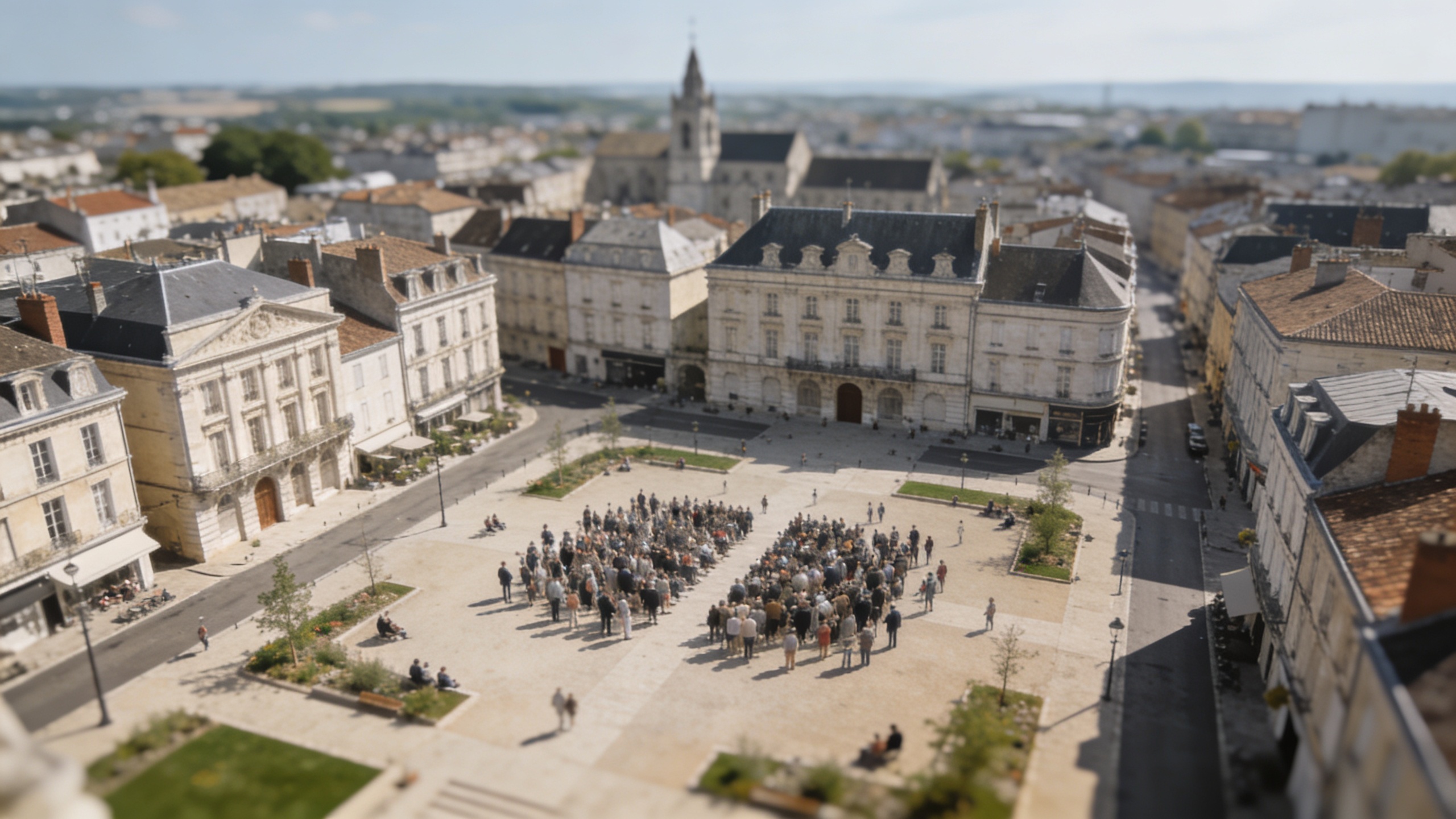 Vue aerienne du centre de Poitiers avec foule
