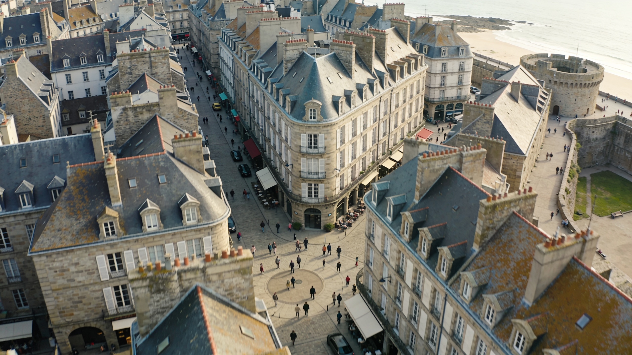 Vue aerienne du centre de Saint Malo avec foule