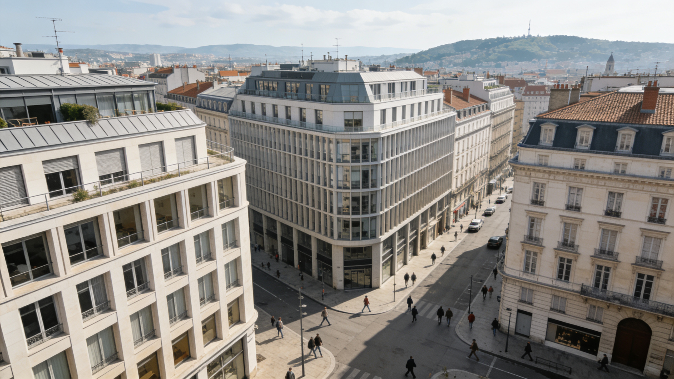Vue aerienne de Lyon avec immeubles et habitants