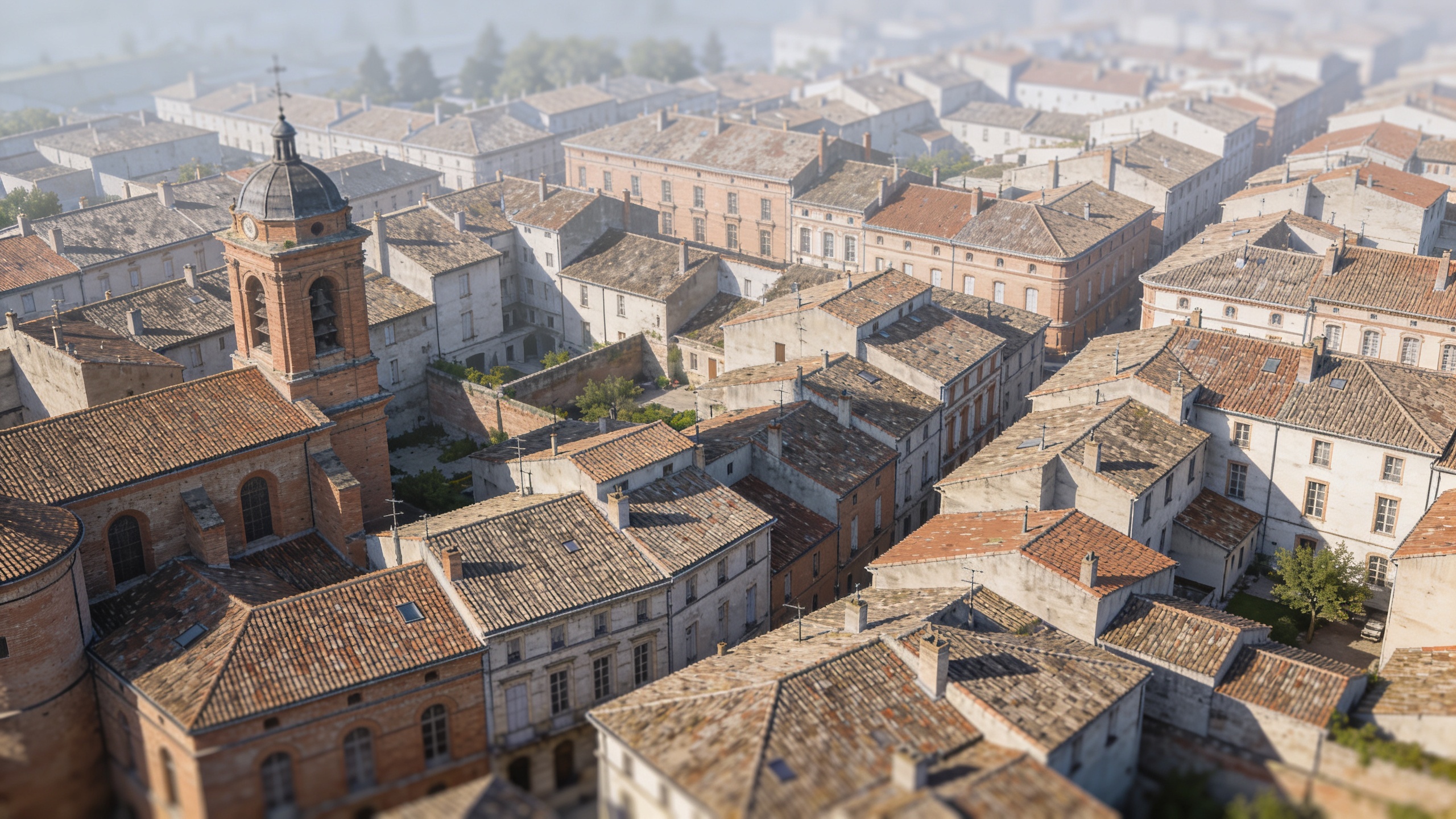 Vue aerienne de Montauban avec maisons resserrees