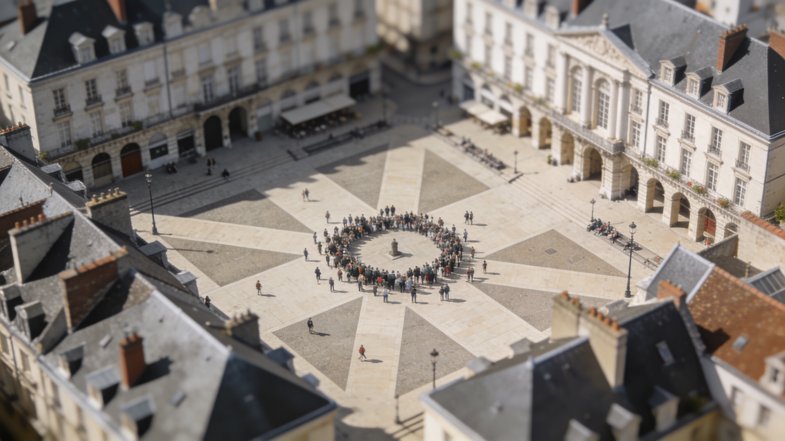 Vue aerienne de Nantes avec foule sur une place