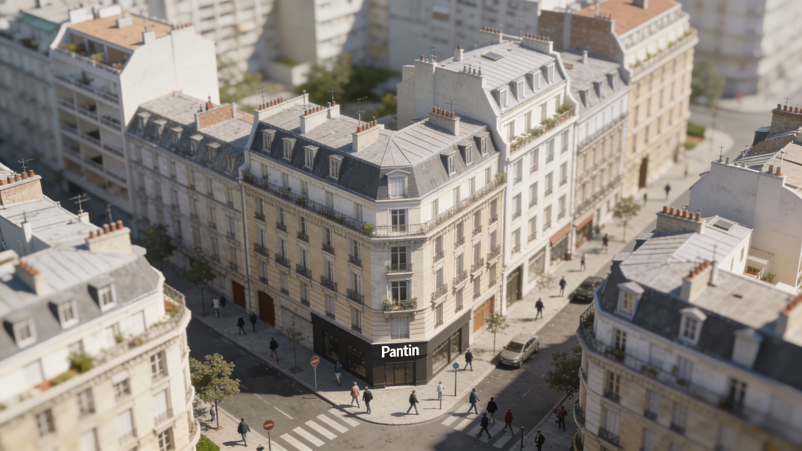 Vue aerienne de Pantin avec immeubles et passants