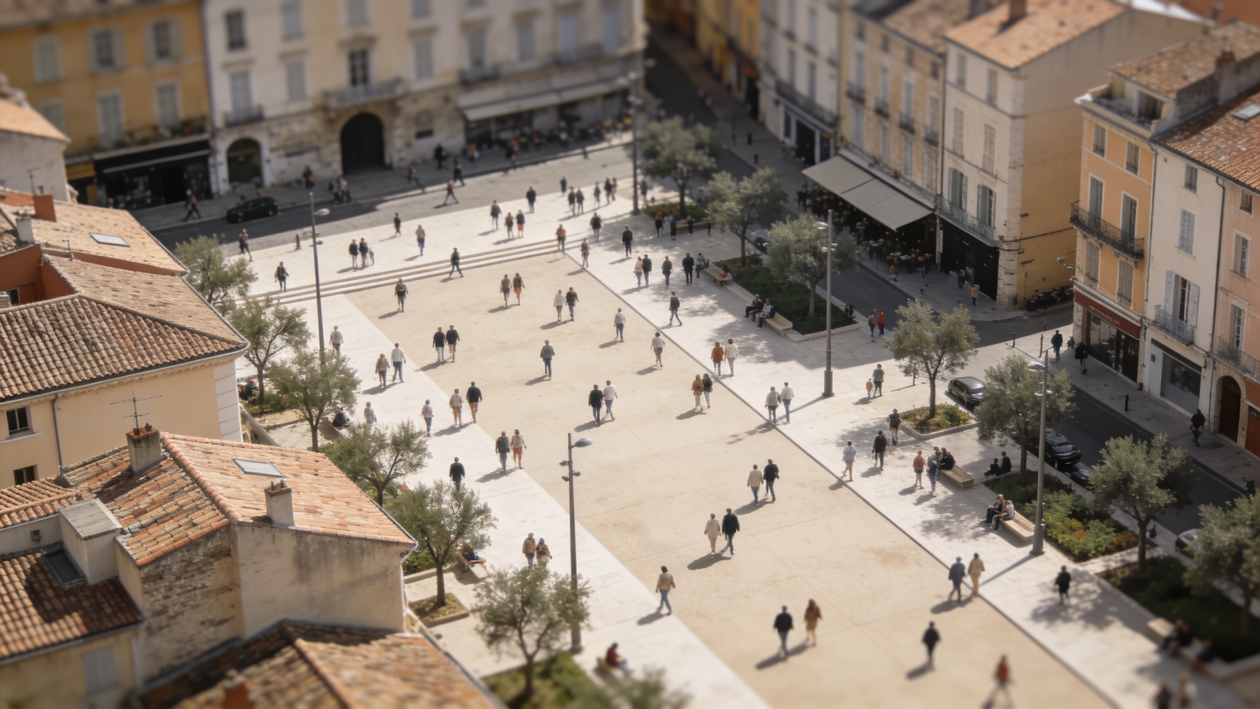 vue aerienne de Perpignan avec foule en marche