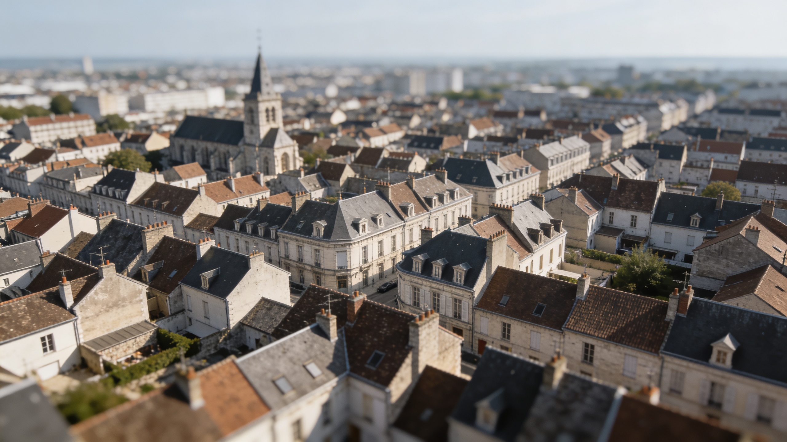 Vue aerienne de Saint Quentin avec maisons serrées